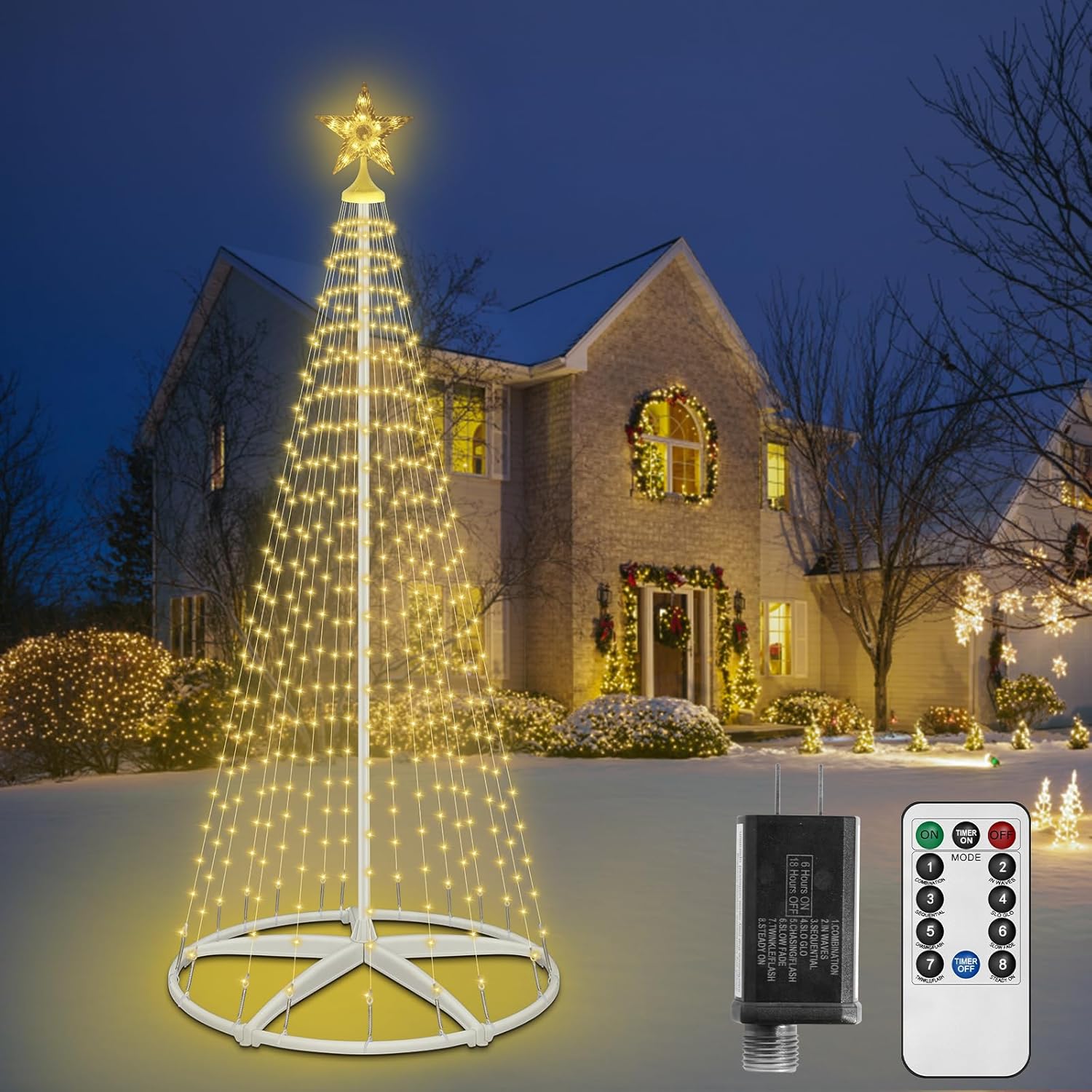 HELESIN 7.5ft 310 LED Christmas Tree Lights, Outdoor Christmas Cone Tree with 8 Modes Timer Remote Waterproof, Christmas Tree Lightshow for Indoor Outside Yard Porch Xmas Decorations, Warm White