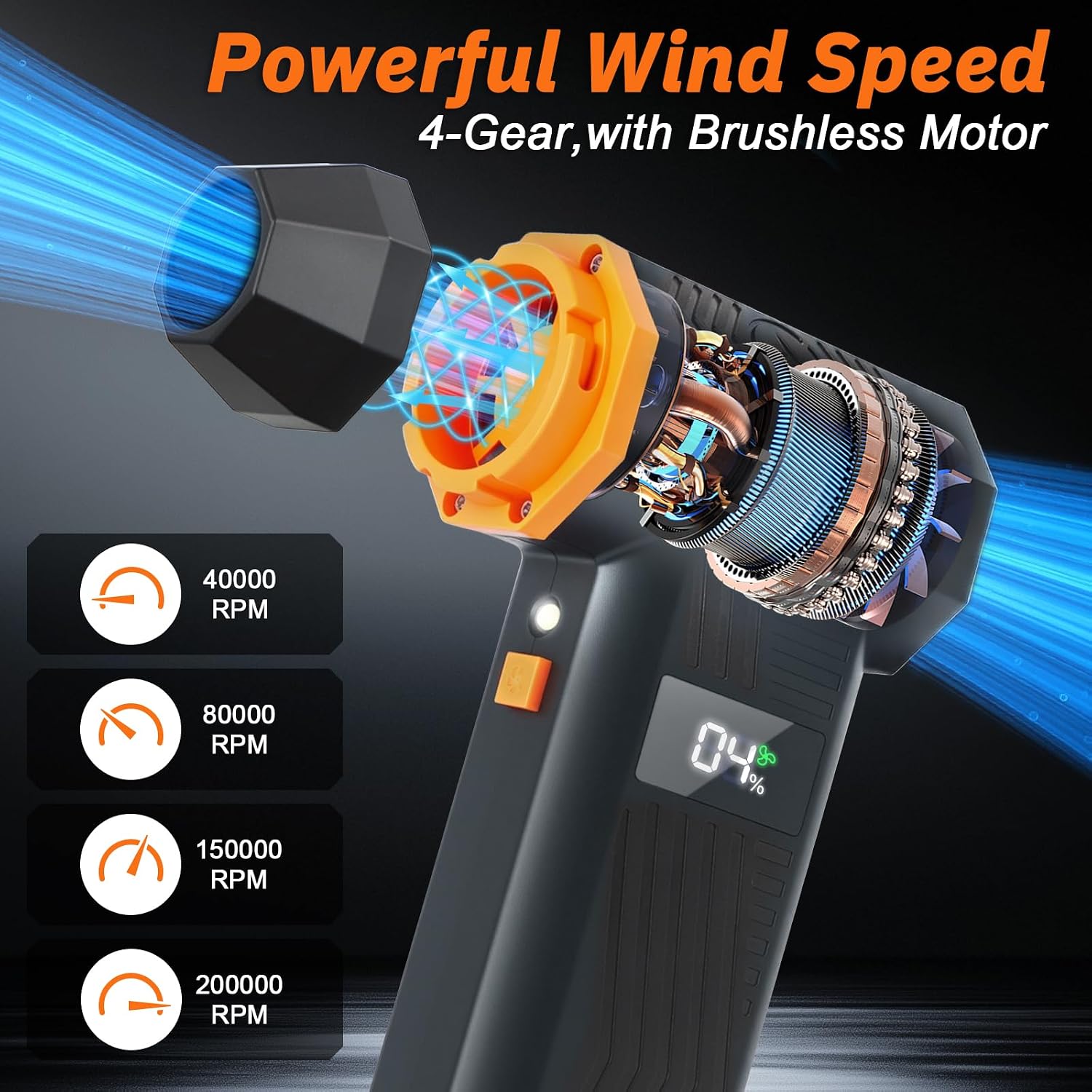 Compressed Air Duster 200000RPM Super Power Electric Air Duster,4 Gear Adjustable Mini Dust Blower with LED Display & 4 Nozzles Rechargeable Leaf Blower Air Blower for Keyboard PC Car Home Cleaning