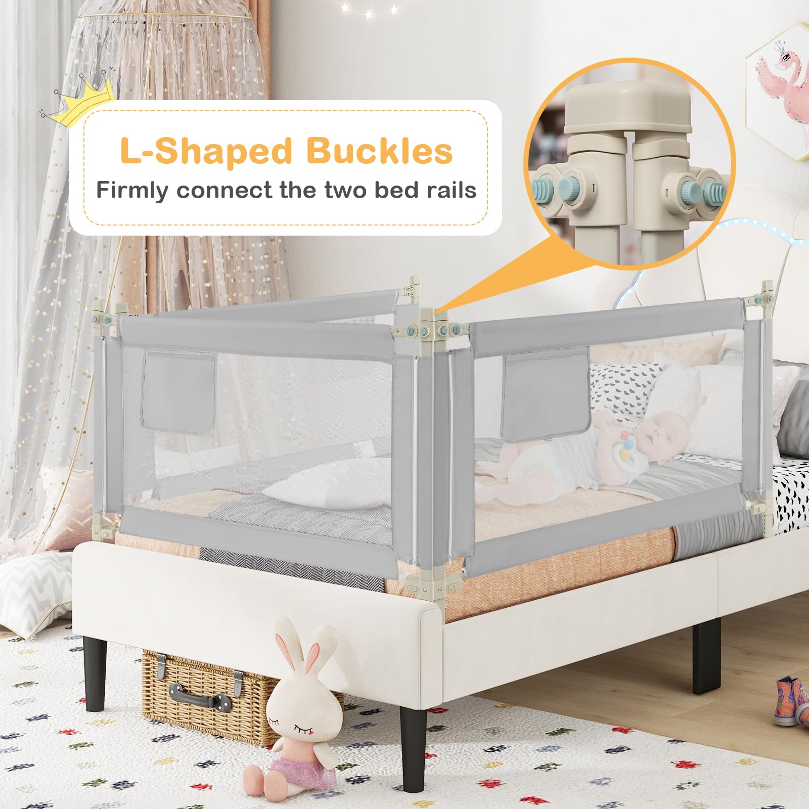 BABY JOY Bed Rail for Toddlers, 47''Long, Height Adjustable & Foldable Baby Bed Rail Guard w/Storage Pocket & Double Safety Child Lock for Kids Twin Double Full Size Queen King Mattress (Grey)