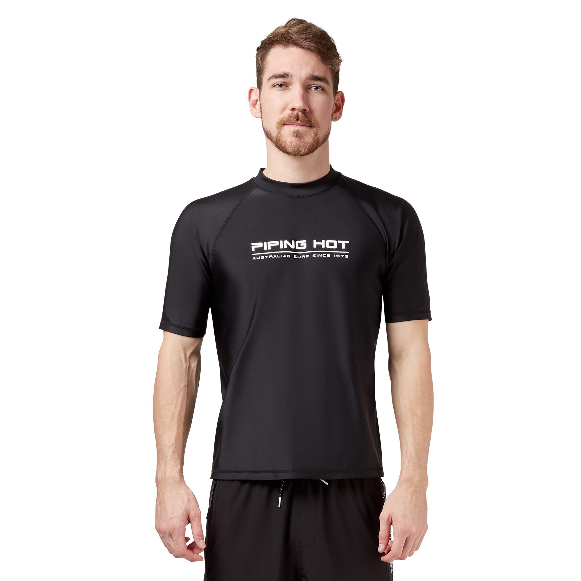 Piping HotMen’s Sustainable Short Sleeve Rash Guard Sun Shirt with Recycled Repreve UPF Swimwear – Black
