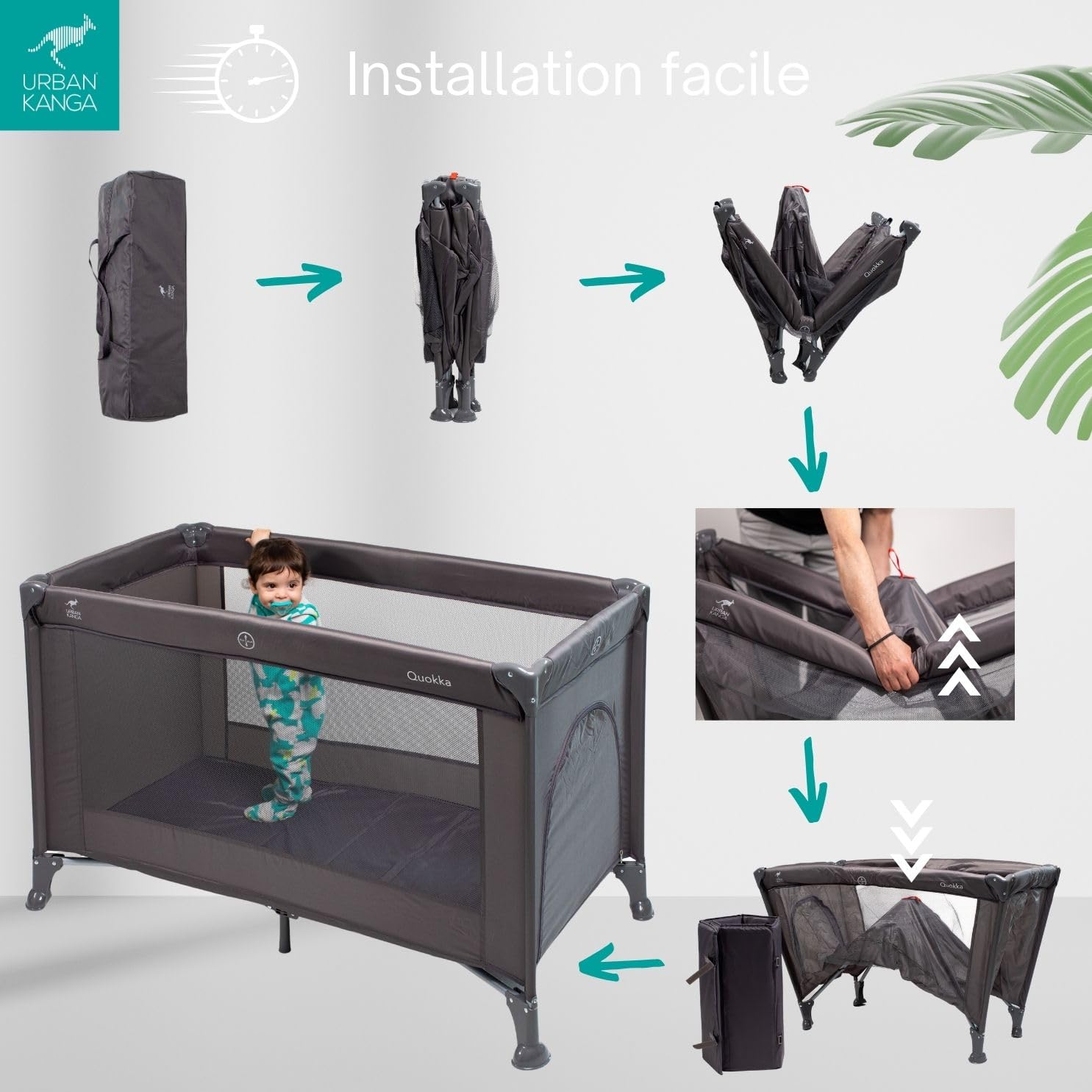 Urban Kanga QK Lit Parapluie Bebe avec Matelas Lit de Voyage 60x120cm (QK, Gris)