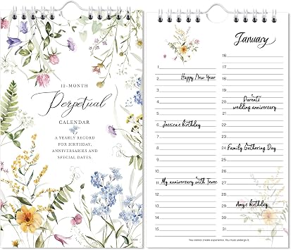 Perpetual Calendar - Undated Calendar 12-Month, 6 x 10 with Twin-wire Binding, Thicker Paper, Perpetual Calendars for Birthday, Anniversaries, Important Days, Festivals Reminder
