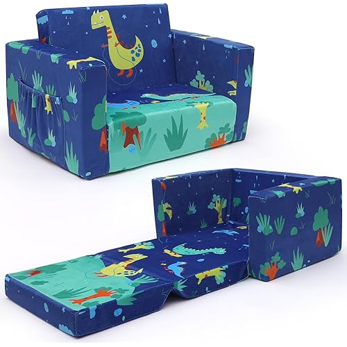 ACRABROS Kids Couch: Toddler Sofa Bed Fold Out for Gilrs Boys Baby Flip Out Convertible Lounge Chair Dinosaur