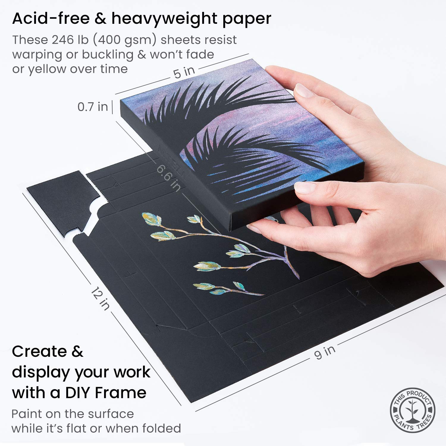 Arteza Juego de pintura gouache, 12 pinturas metálicas de gouache y paquete de lienzos plegables de papel negro, material de arte para niños, kit de arte para adultos