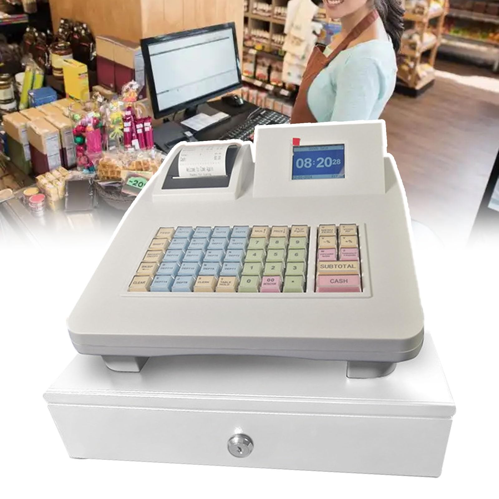Caisse Enregistreuse Électronique De 2,8" avec 48 Touches Physiques - 256 KO, ROM 8 Mo, 10 000 PLU, Imprimante 58 Mm Intégrée, Tiroir-Caisse en Option | for Les Petites Entreprises(White,A)