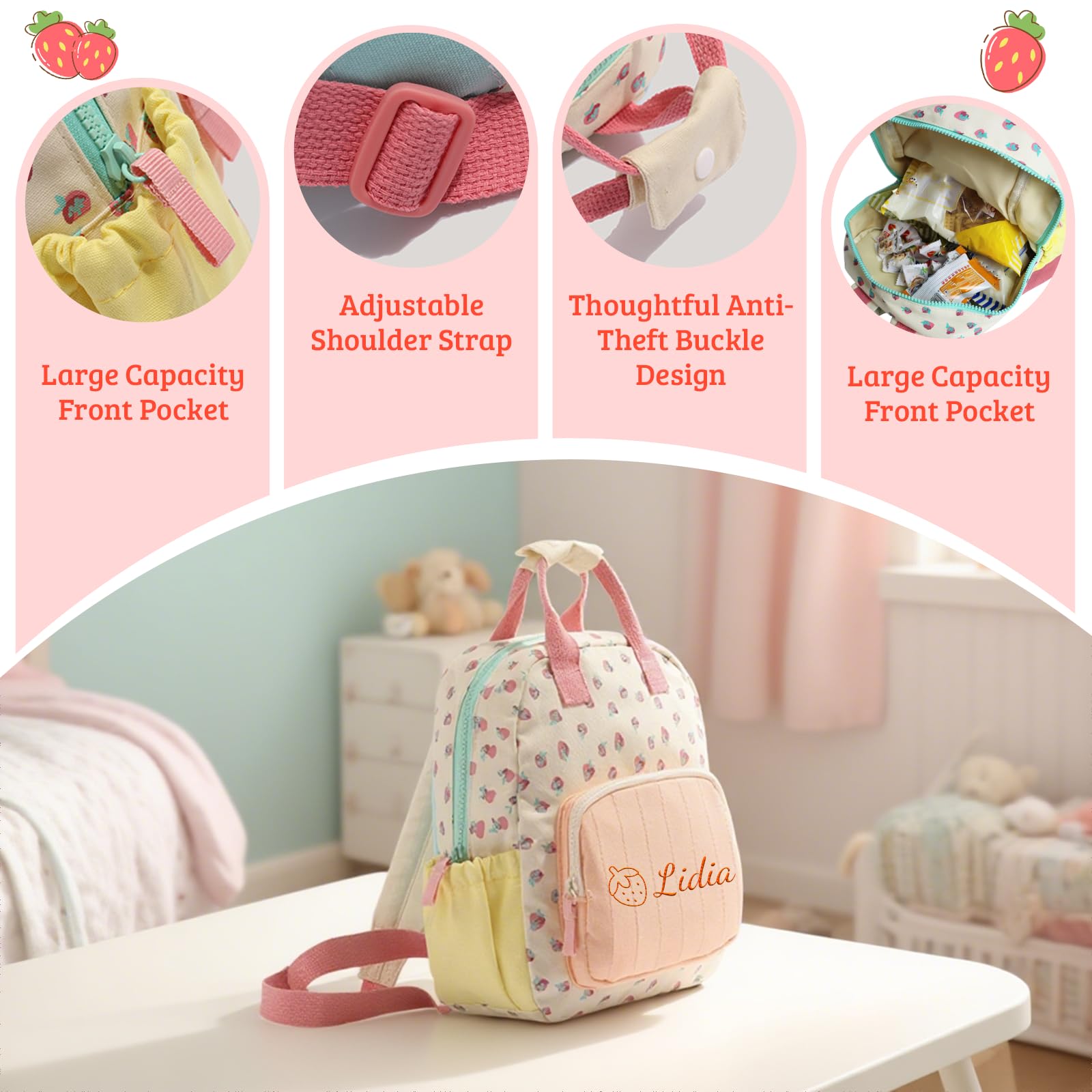 Generico Zainetto Bambina Personalizzato con Nome Ricamato, Mini Zaino Bambina 23x28cm, Zaino Personalizzato a Design Fragola per Bambine 2-5 Anni