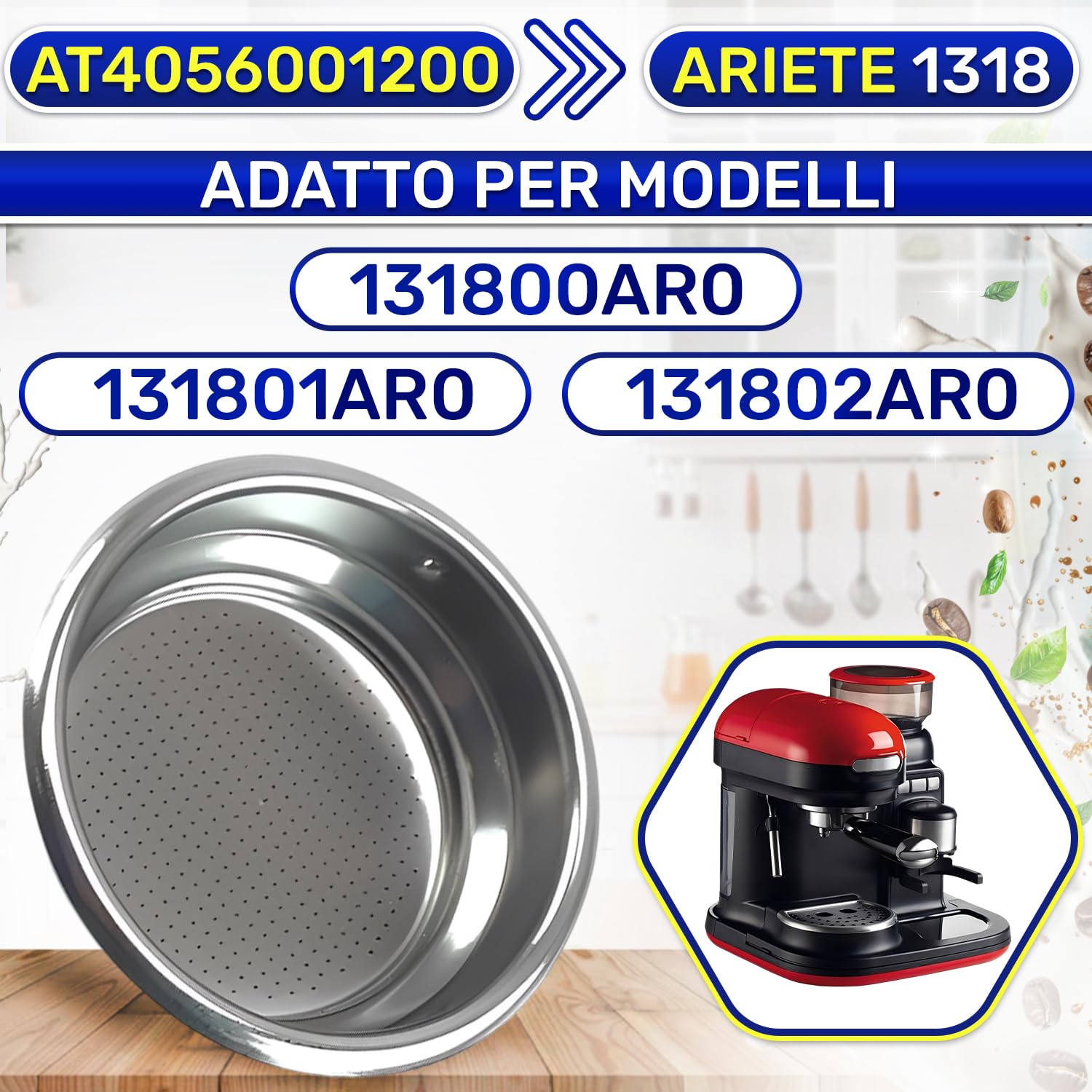 Filtro Caffettiera Filtro Cafe per Portafiltro Caffettiera con Codice Originale AT4056001200 per Ariete 1318 - Garanzia 10 Anni - MONTERAL