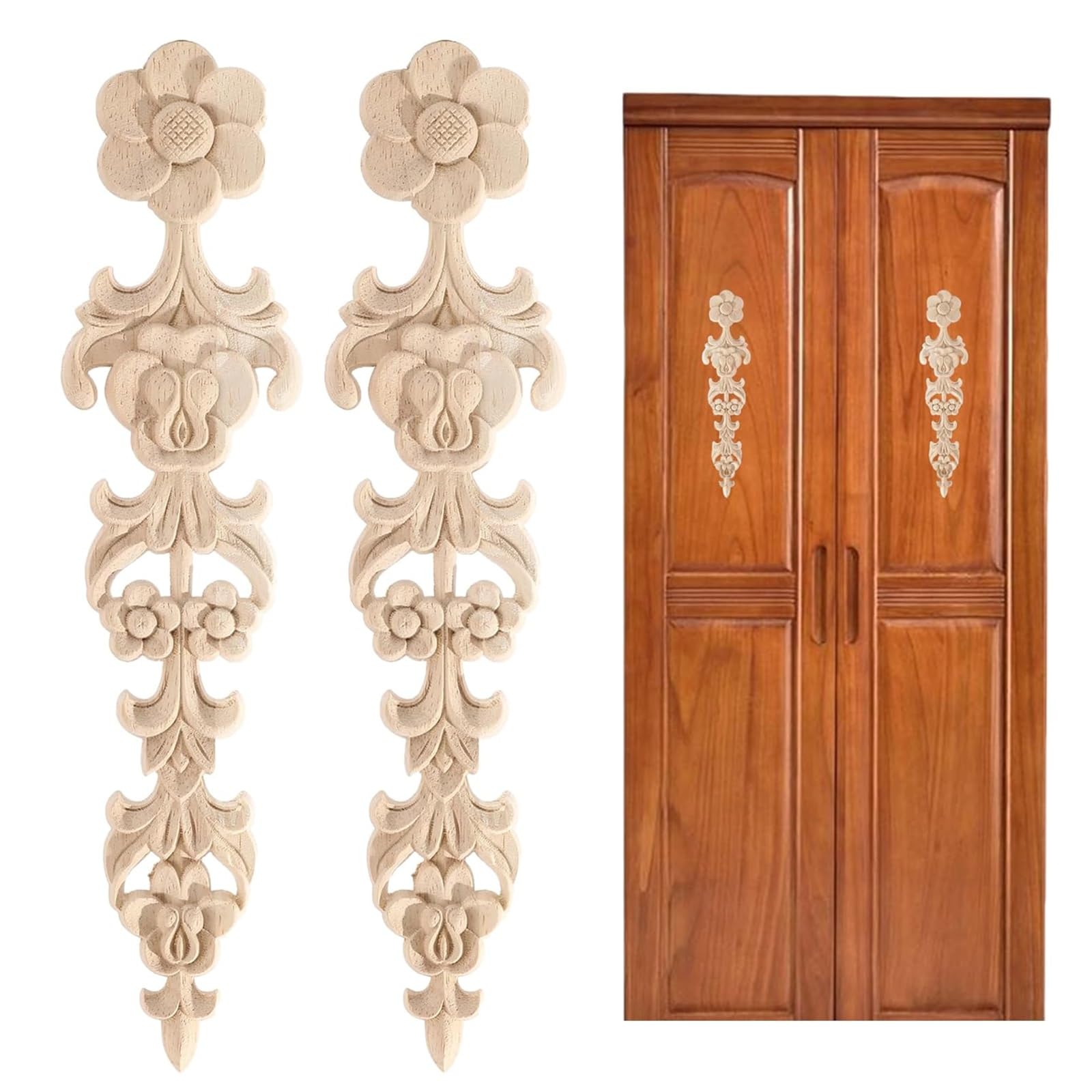XYUERU 2 Pieces Wood Ornament, Long Carved Wood Sculpture, Vintage Furniture Deco Carved, Applique Furniture Ornaments, Can Be Applied to Cabinets, Windows