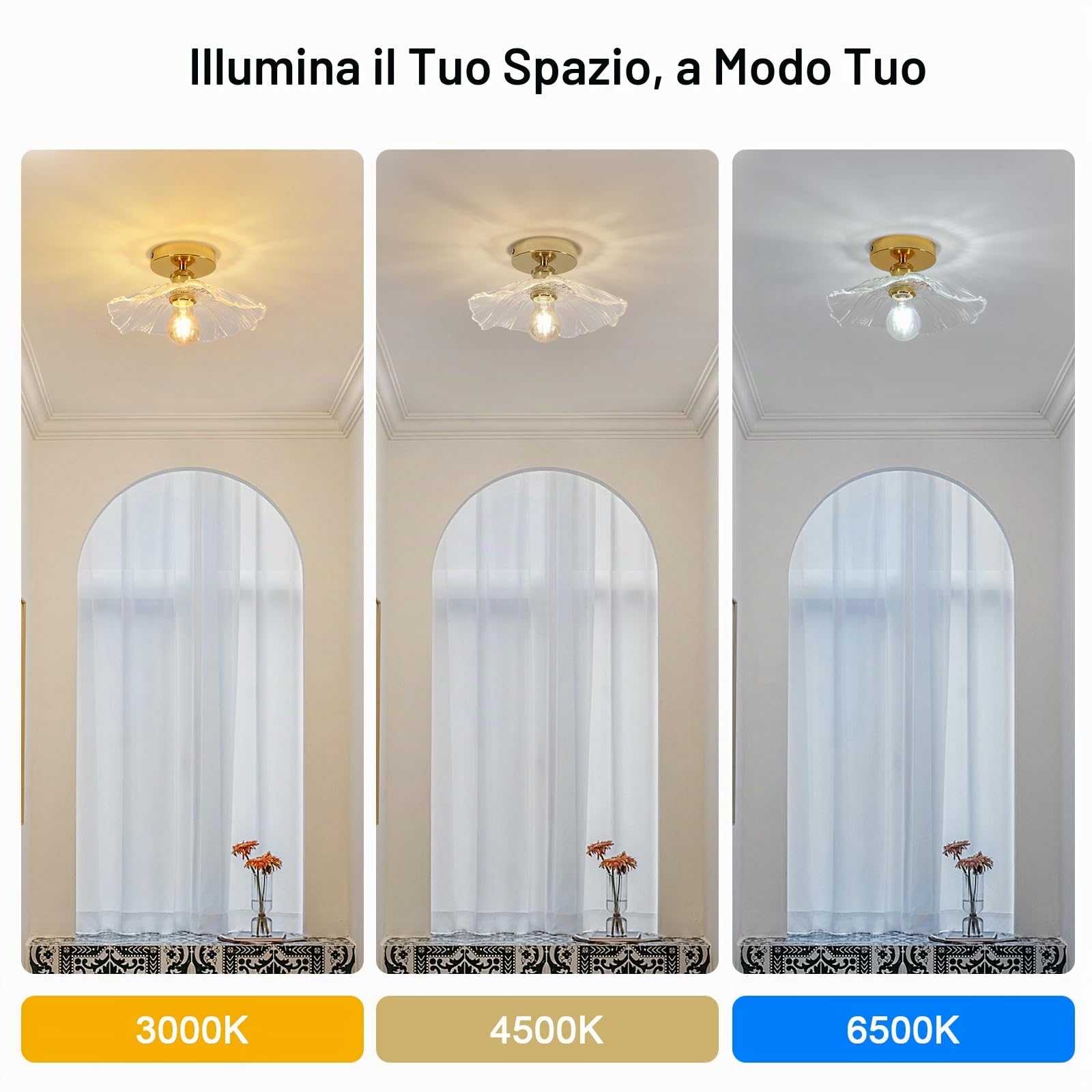 Comely Plafoniera per Corridoio, E27 Lampada da Soffitto Forma Di Fiore, Piccola Plafoniere da Soffitto in Vetro Trasparente, Base d'oro,Lunghezza 28cm, Lampadina non Inclusa