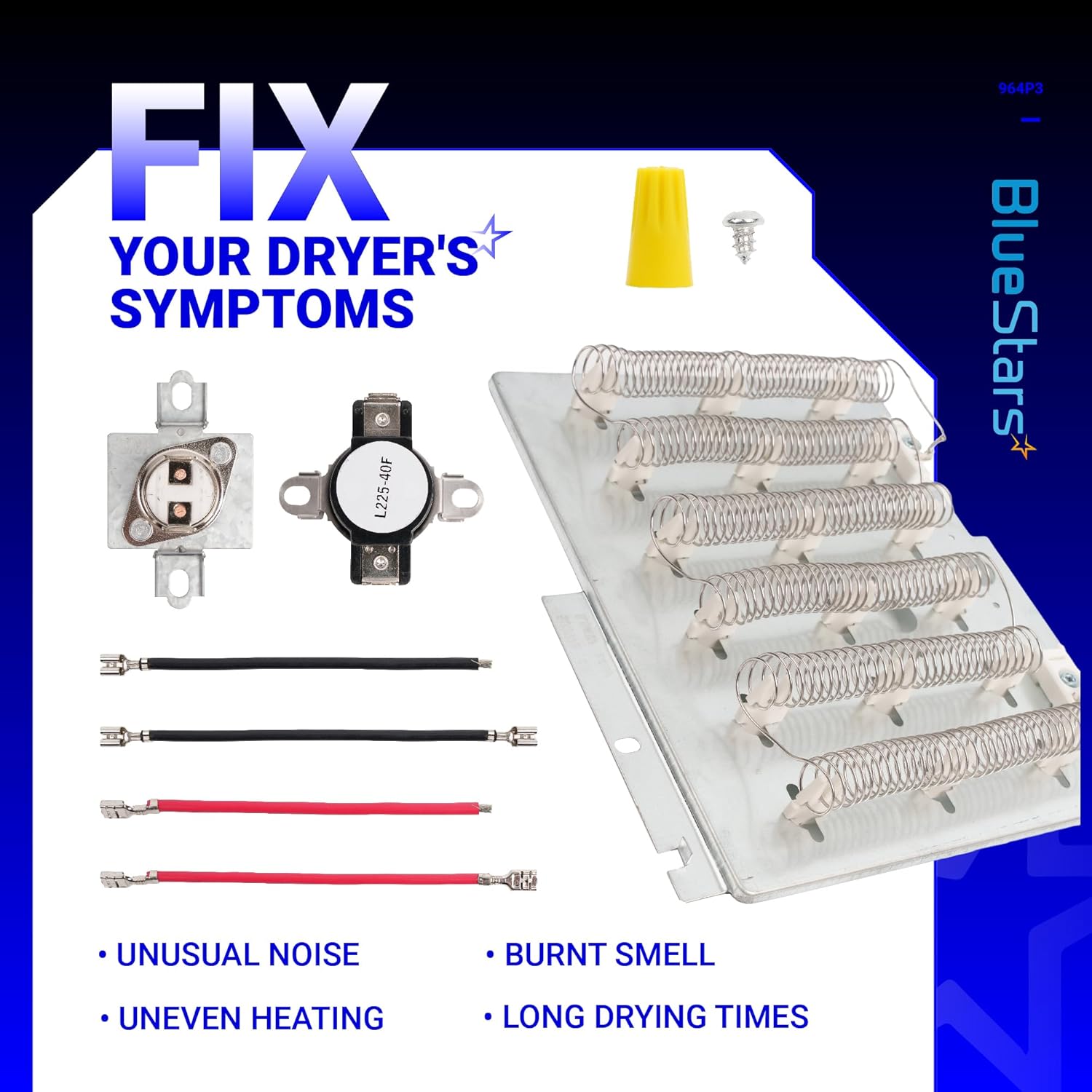 BlueStars ADE3LRGS171TW01 ADE3SRGS175TW01 ADE3SRGS173TW01 ADE4BRGS176TW01 ADE9RYS177TW01 Dryer Heating Element Kit for Speed Queen Dryers - Replaces 503978 964P3 61927 2304695, Include Thermal Fuse