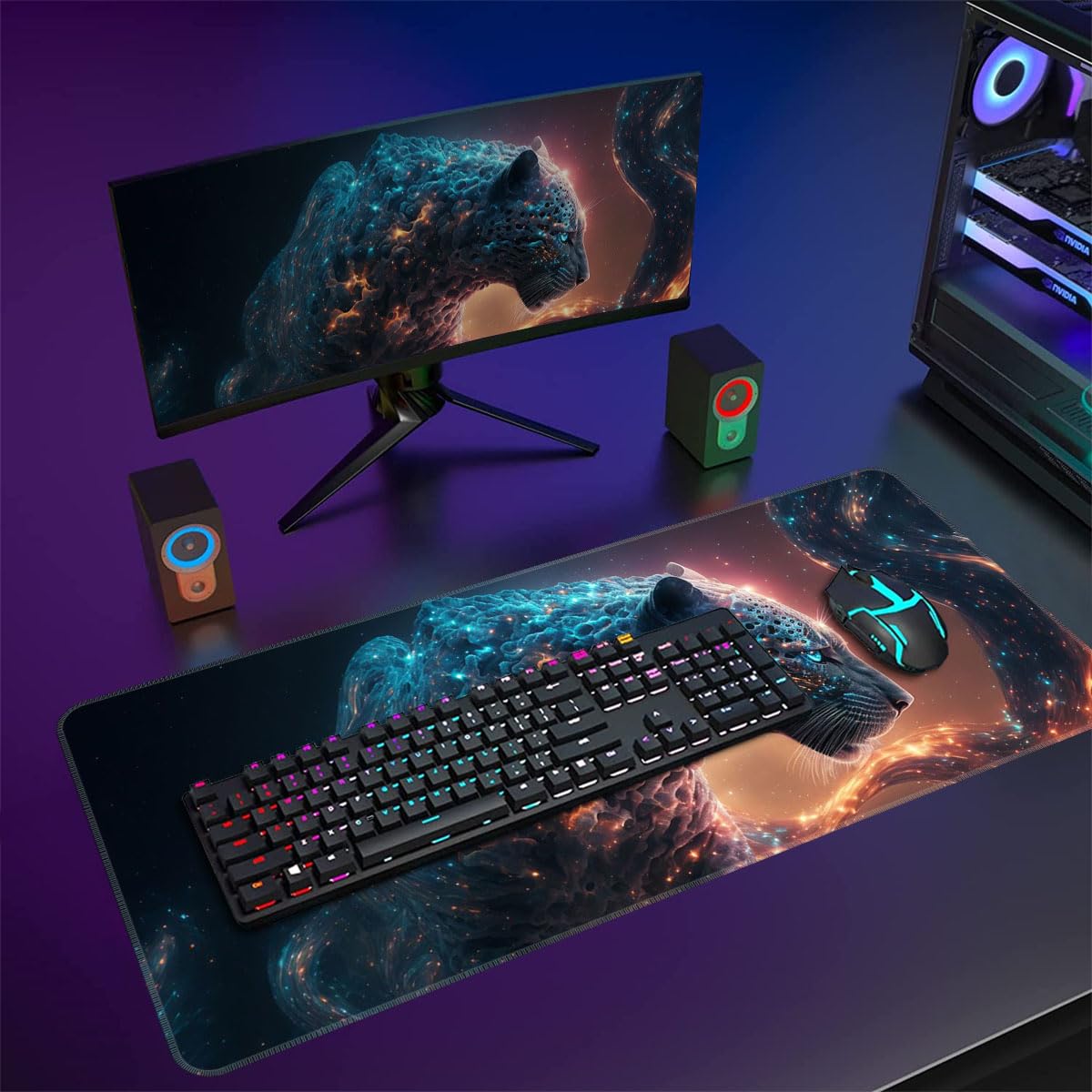 ZTHLL XXL Gaming-Mauspad – 90x40 Cm, Leopardenmuster Mit Glitzer, Rutschfeste Unterseite, Genähte Kanten