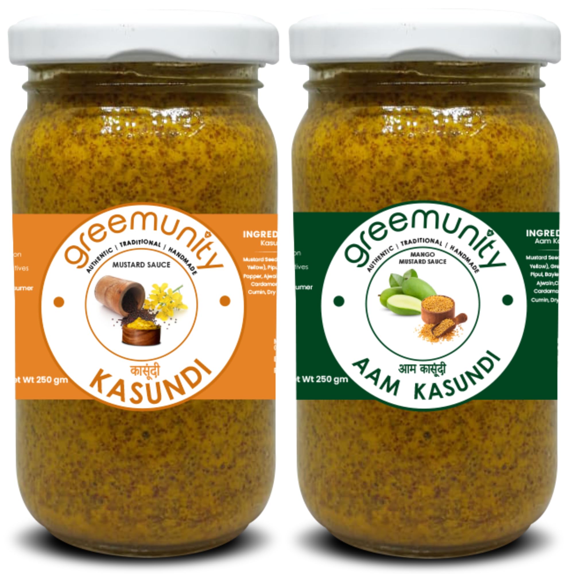 GREEMUNITY | Kasundi n Aam Kasundi Combo Pack - Original Bengali Kasundi - Authentic Handmade Orginal Bengali Kasundi n Mango Kasundi,Mustard Sauce and Mango Mustard Sauce 350 gms each [Pack of 2]