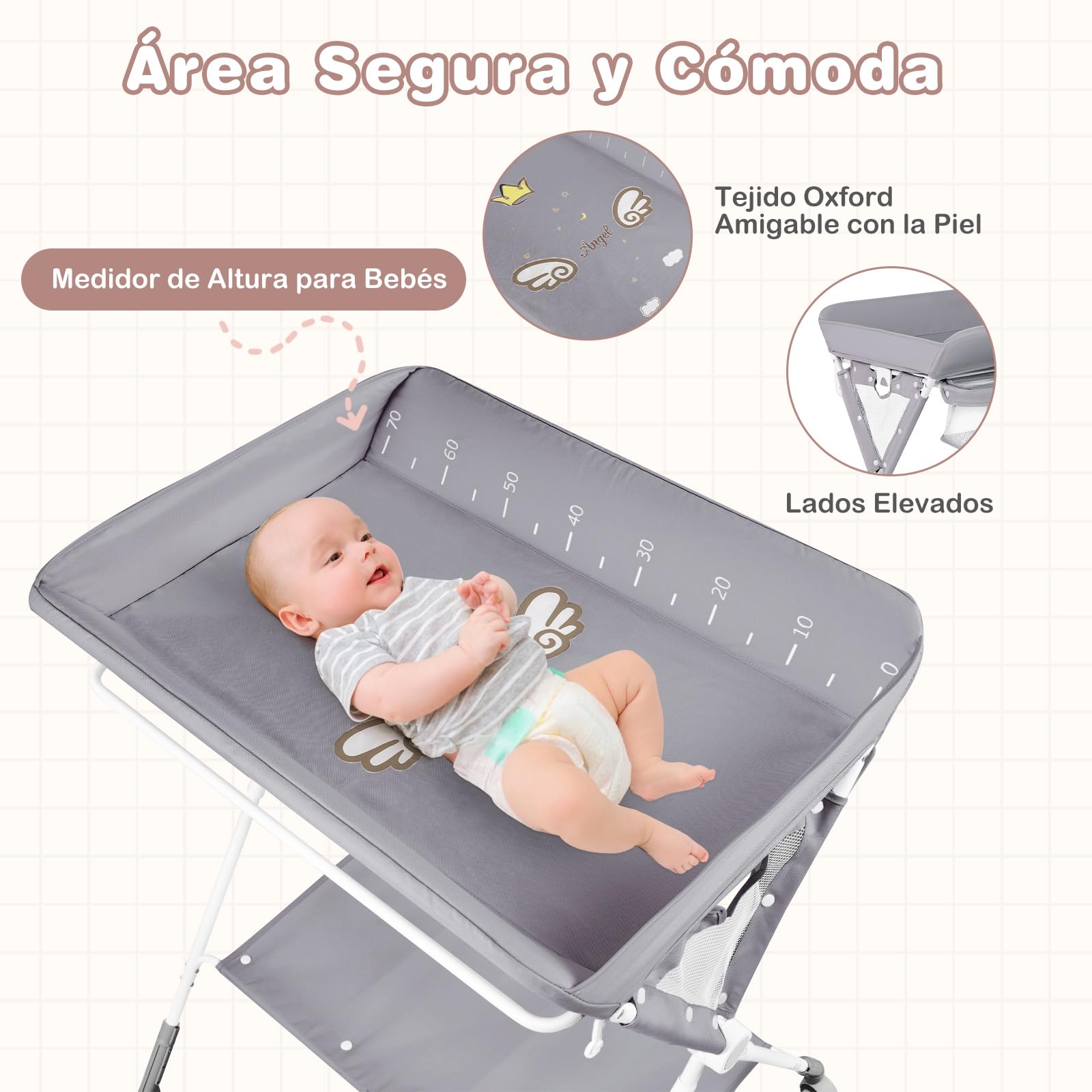 COSTWAY Cambiadora Bebé Portátil, Cambiador Plegable con Altura Ajustable de 3 Niveles, Organizador Móvil para Recién Nacidos con Cesta, Toallero, Estante y Ruedas Universales con Freno (Gris)