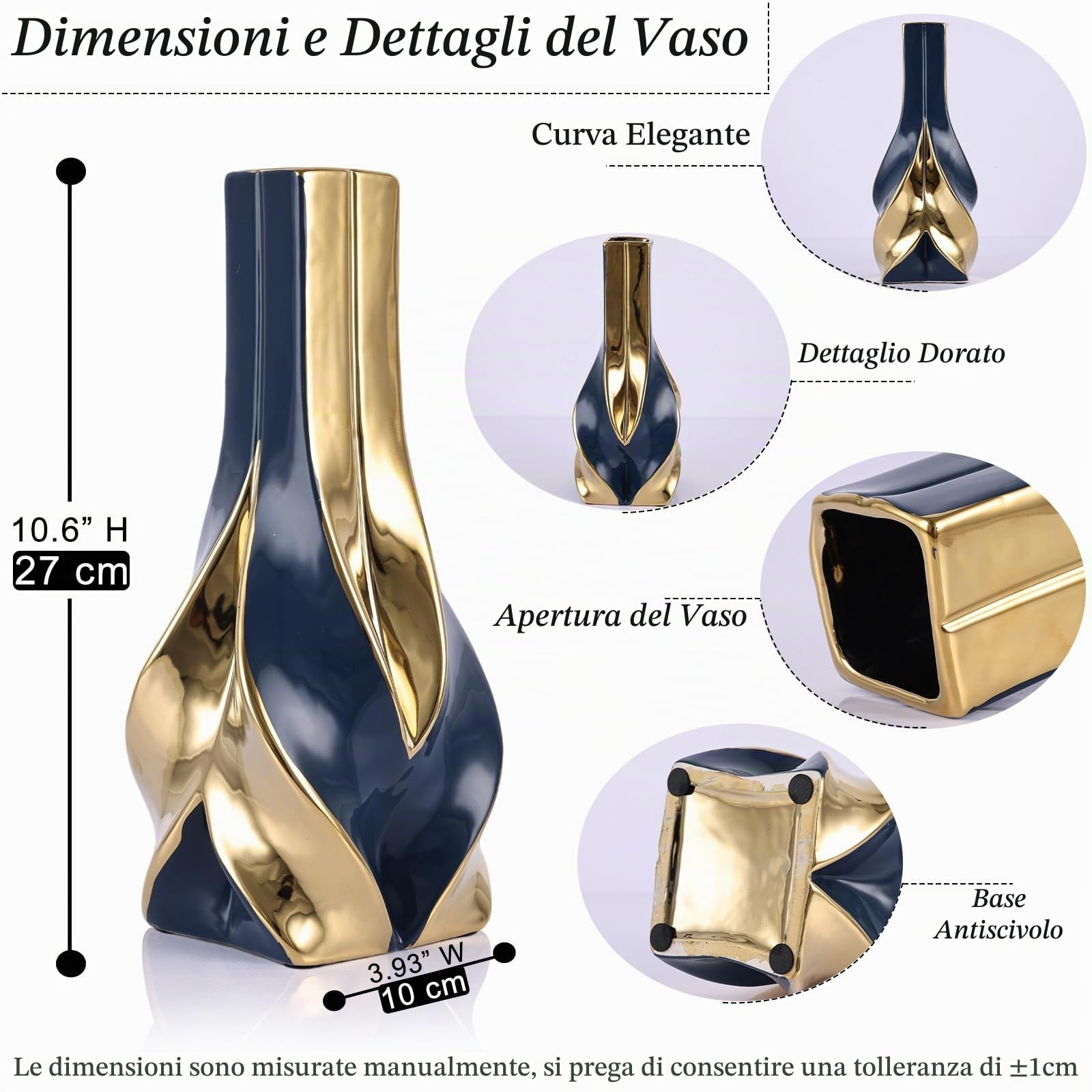 Vaso in ceramica blu e oro alto 27 cm, decorazione moderna ed elegante per la casa per soggiorno, centrotavola, scrivania, ufficio, perfetto per erba della pampa (blu oro)