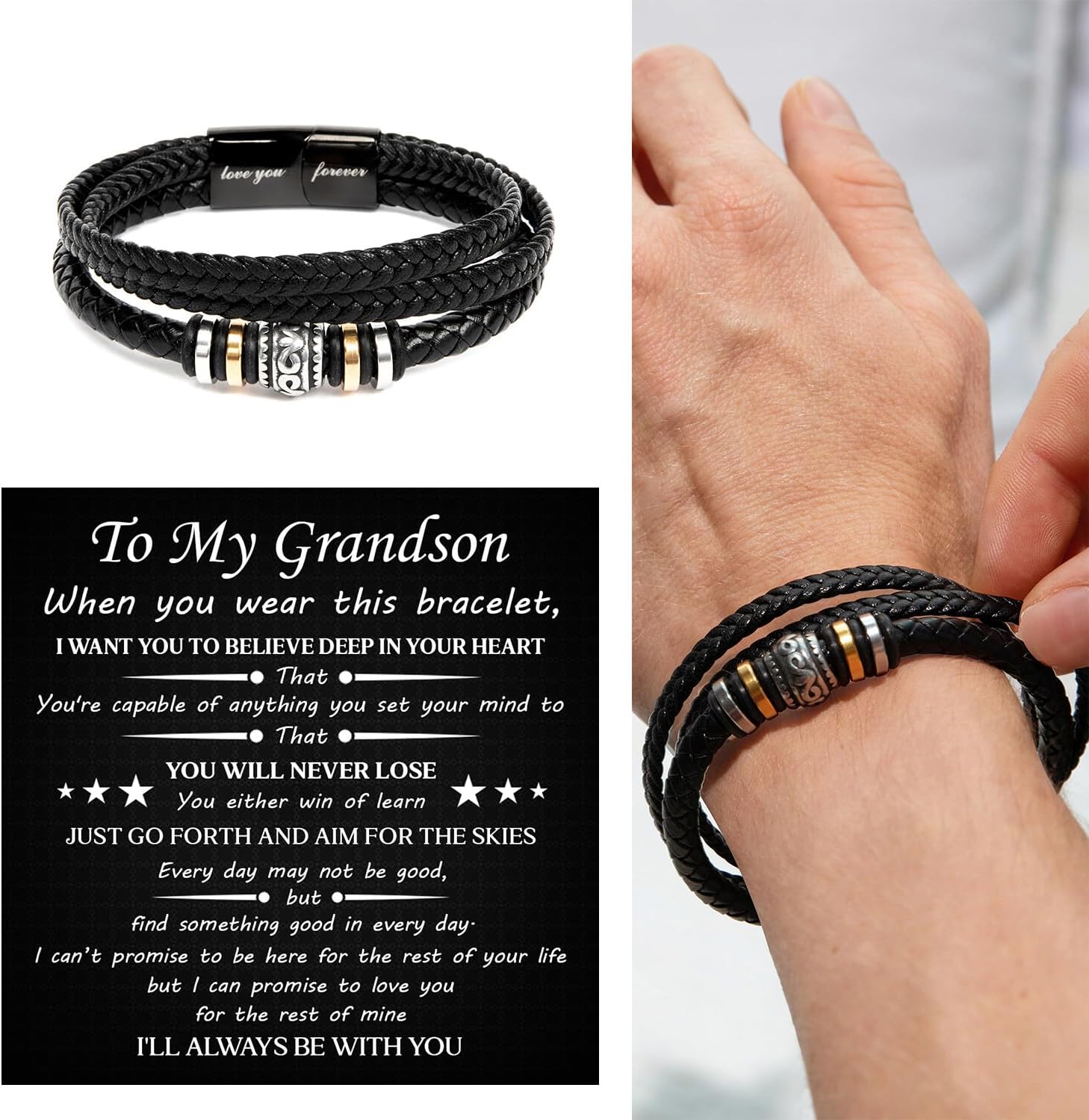To My Grandson Bracelet From Grandma/grandpa With Message Card And Gift Box, Sentimental Gifts For Grandkid, Bracelets For Boy, Graduation, Christmas, Birthday Gifts For Grandson From Grandparents - Image 4