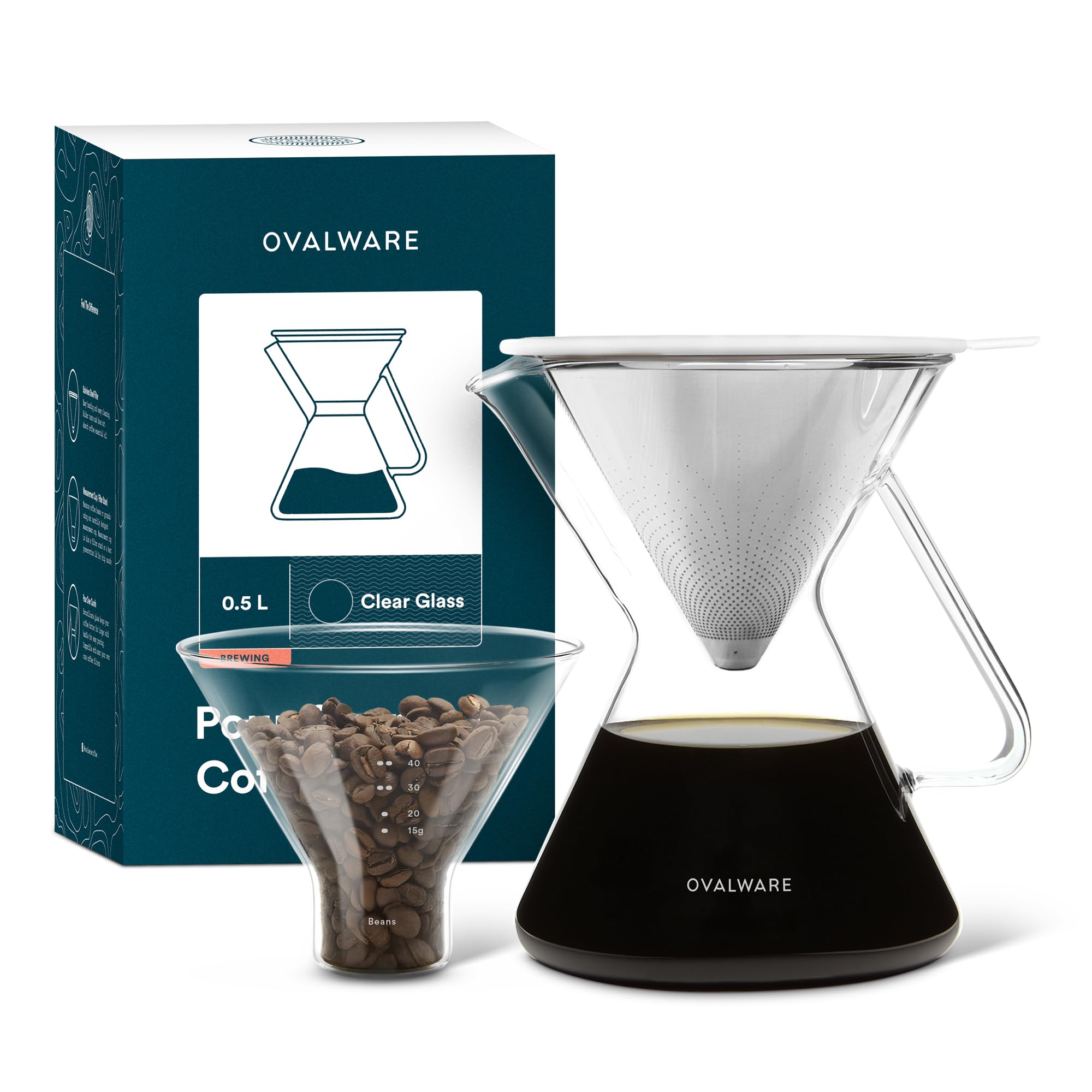 Pour Over Coffee Maker Set | 17oz / 0.5L Borosilicate Carafe with 304 Stainless Steel Filter and Precision Measuring Cup | Glass Coffee Dripper for Home Brewing
