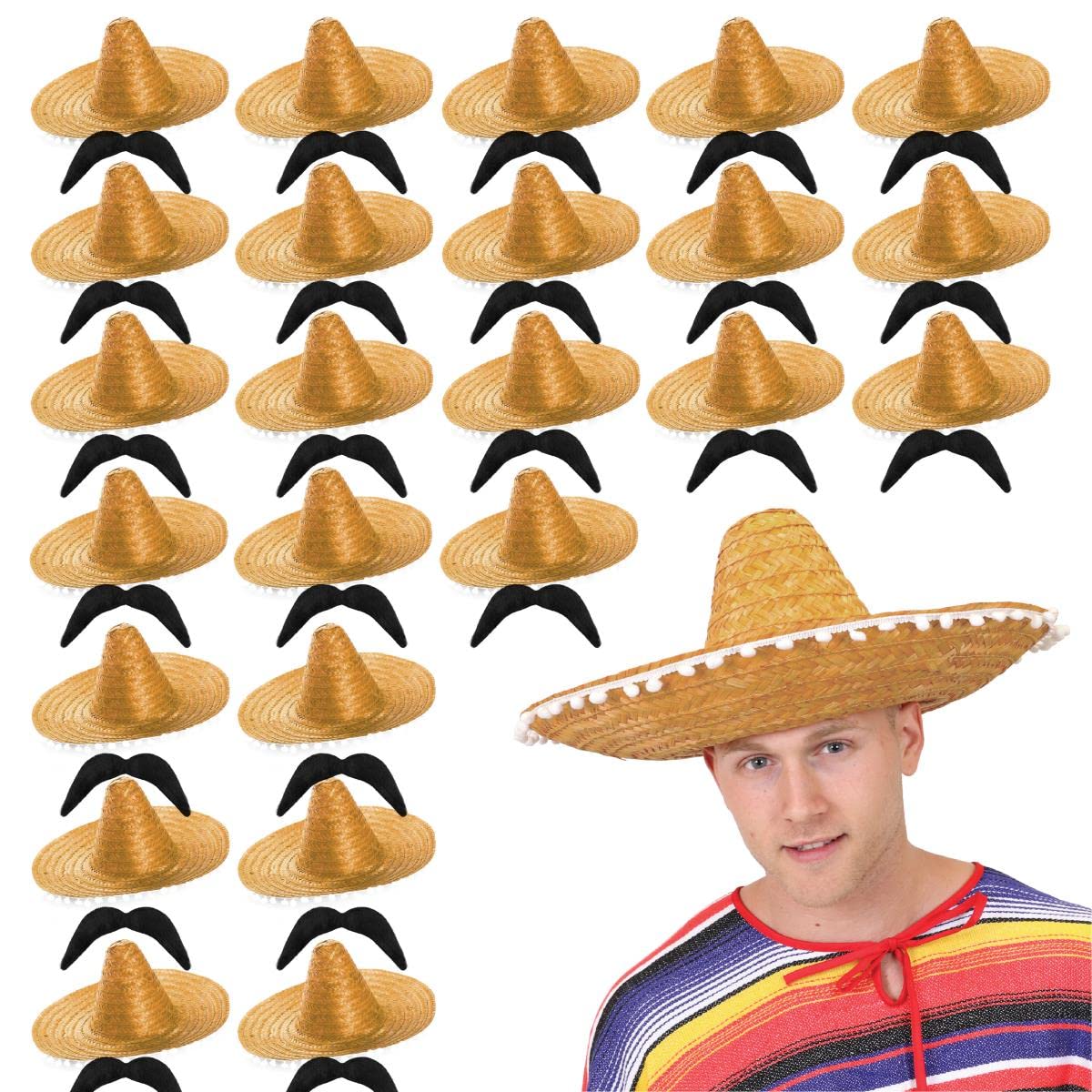 Mexican Sombero with Pom Pom Edges Fancy Dress Accessory With Moustache - Mexican Hat Straw Holiday Stag Night Clubbing Bandito - Yellow - Pack of 12