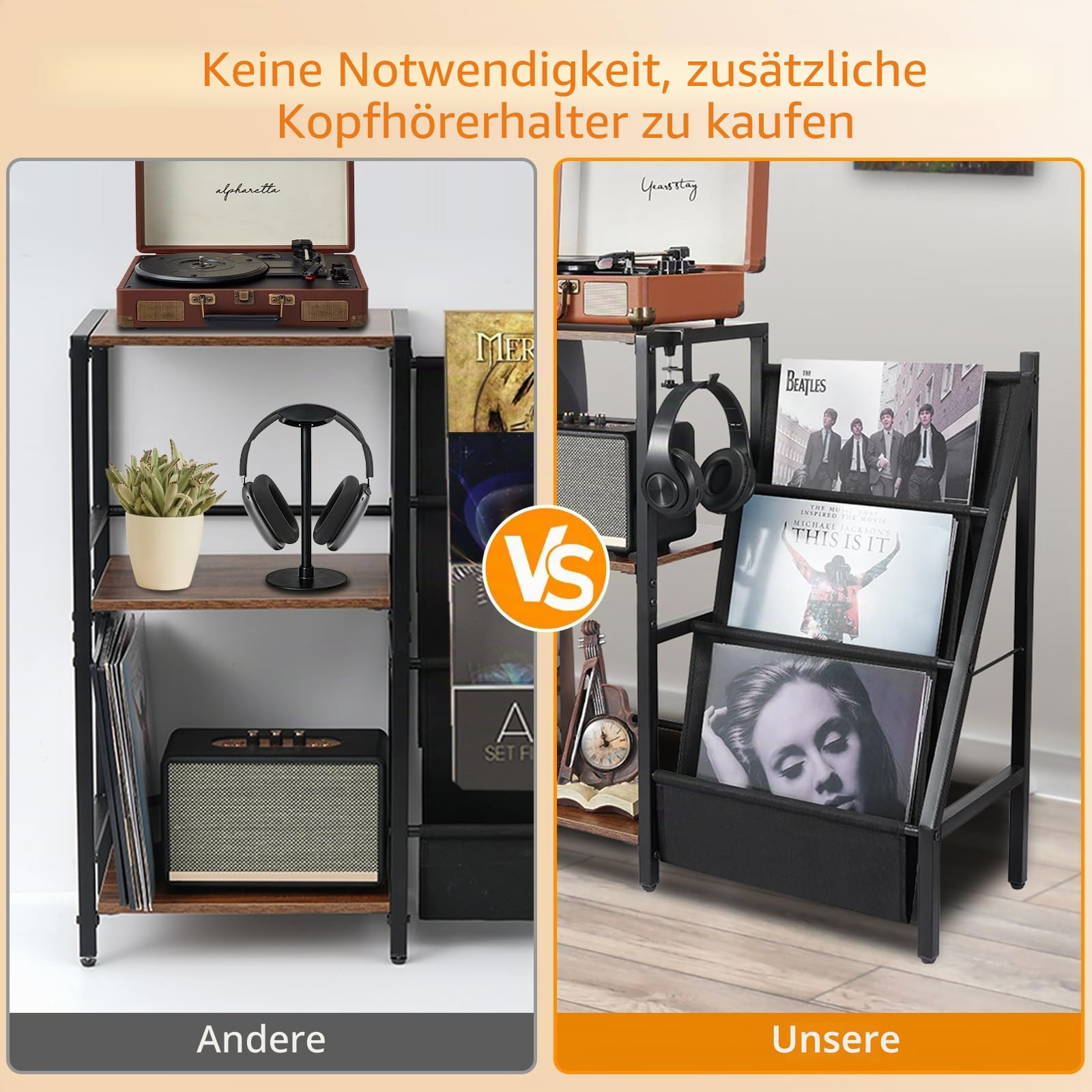 Plattenständer mit Aufbewahrung Schallplattenständer mit 3-stufiger Vinyl Schallplatten Lagerung Schallplatten Aufbewahrung bis zu 200 Alben, Plattenregal für Musikzimmer und Wohnzimmer