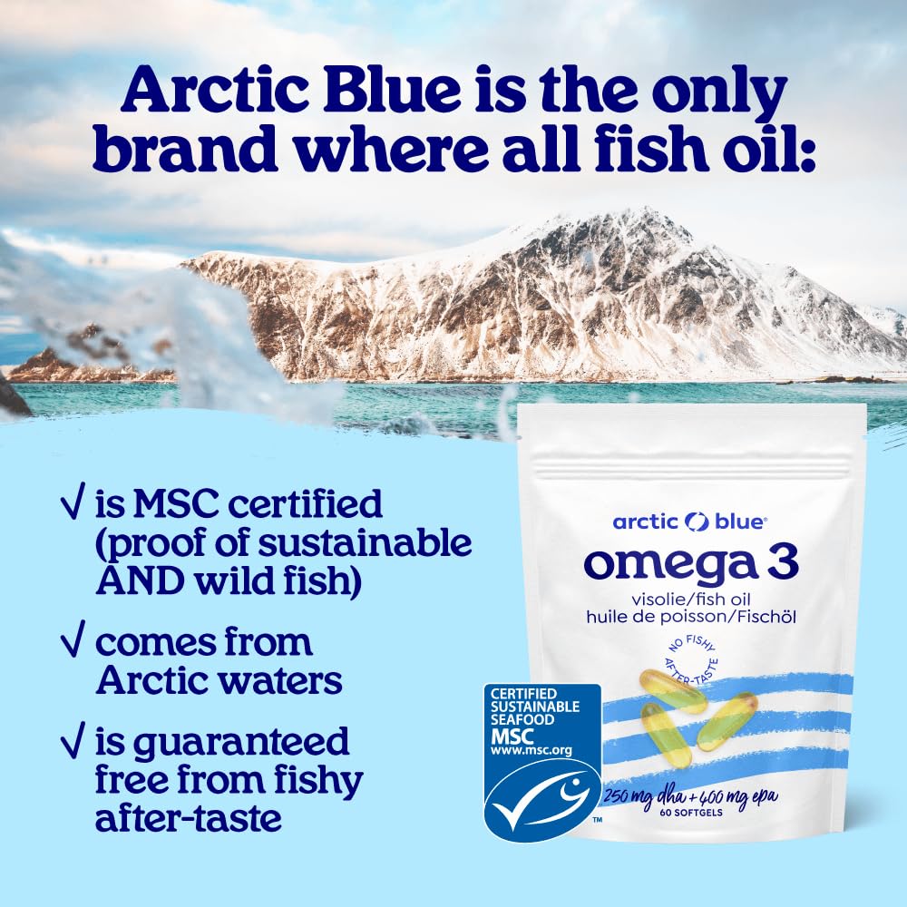Arctic Blue Omega-3 Olio di Pesce 60 Capsule — 1200 mg Olio di Colin Alaska per capsula (400 mg di EPA + 250 mg di DHA) — Certificato MSC, Forma trigliceride, Massima freschezza, Senza Gusto di Pesce