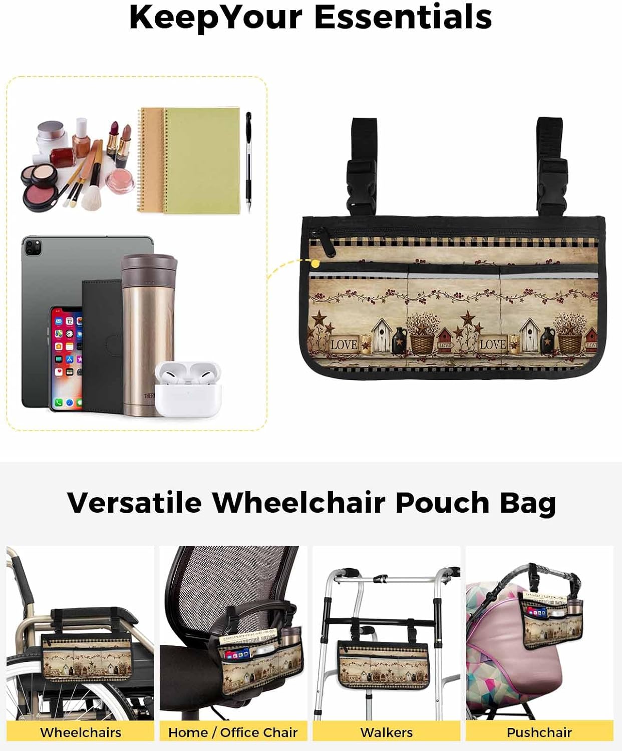 Vintage Barn Wheelchair Bag with Cup Holder Bag with Reflective Stripes for Seniors Electric Wheel Chair Accessories for Adults Retro Country Star Berry Candle Grid Wheelchair Side Bags for Rollator image 4