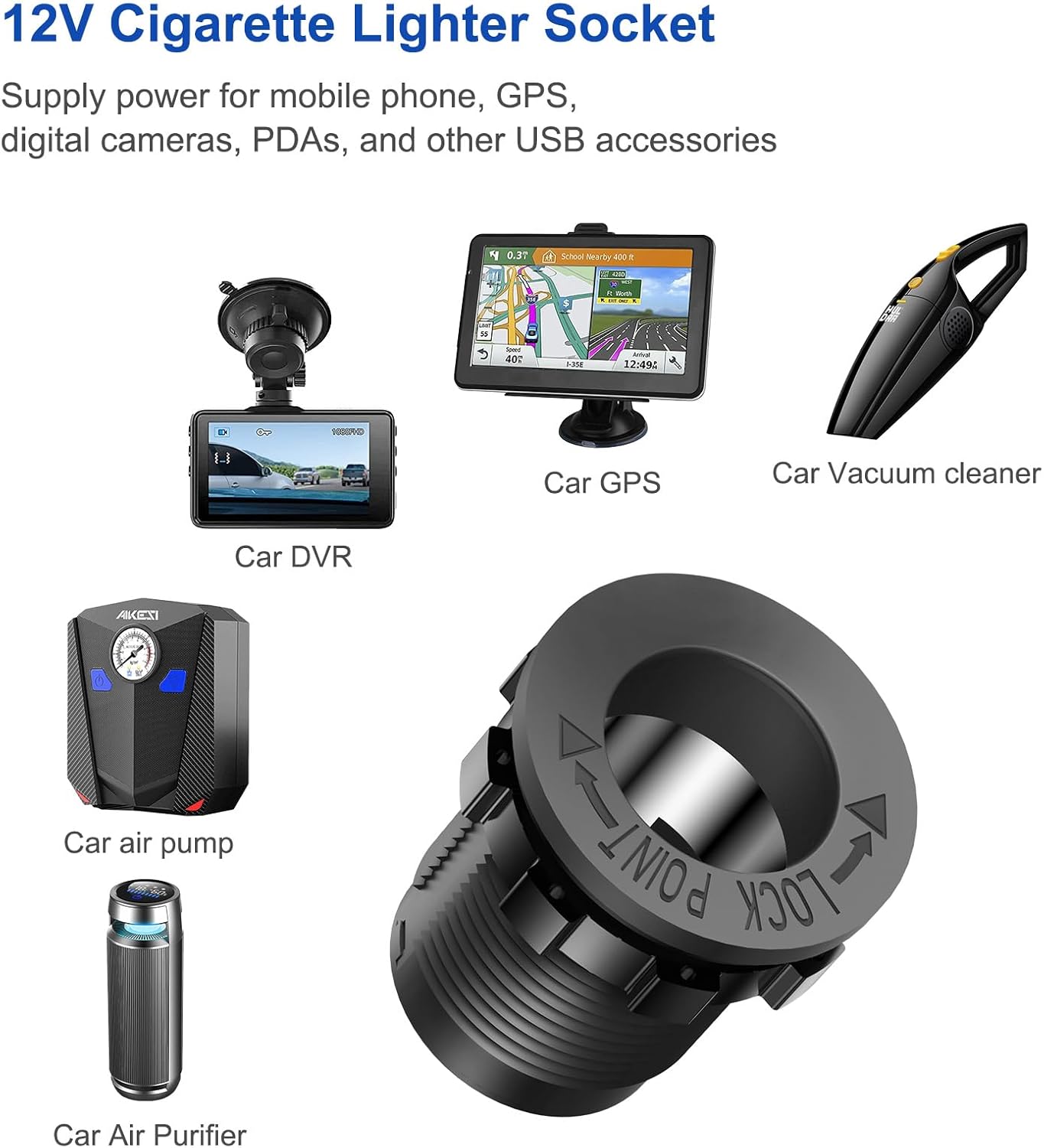 Image showing the 12V cigarette lighter socket and various compatible devices such as a car DVR, car GPS, car vacuum cleaner, car air pump, and car air purifier.