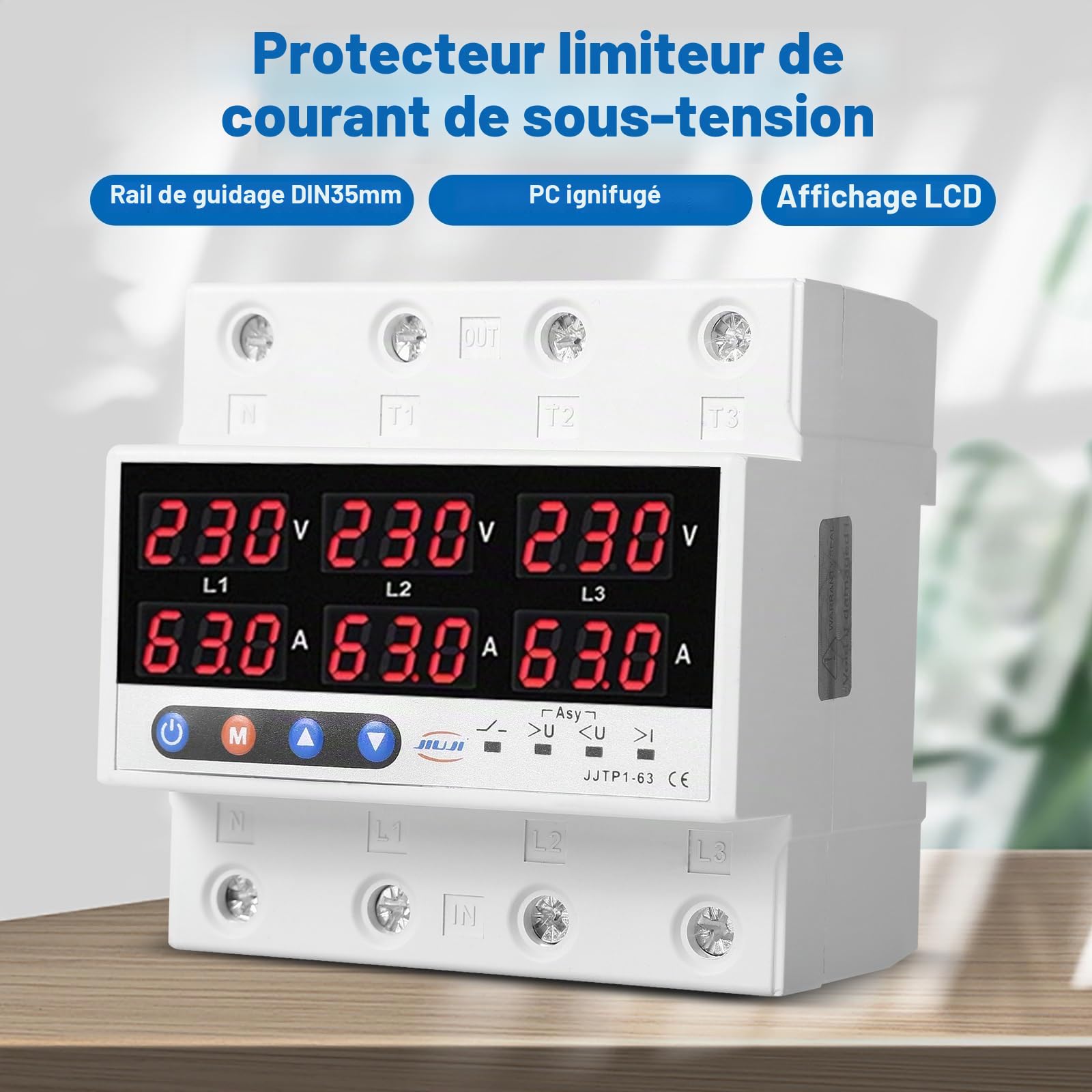 DEWIN Protecteur de Courant de Tension, Voltmètre Ampèremètre à Rail DIN Triphasé Relais de Surtension et de Sous-tension 63A AC 220V