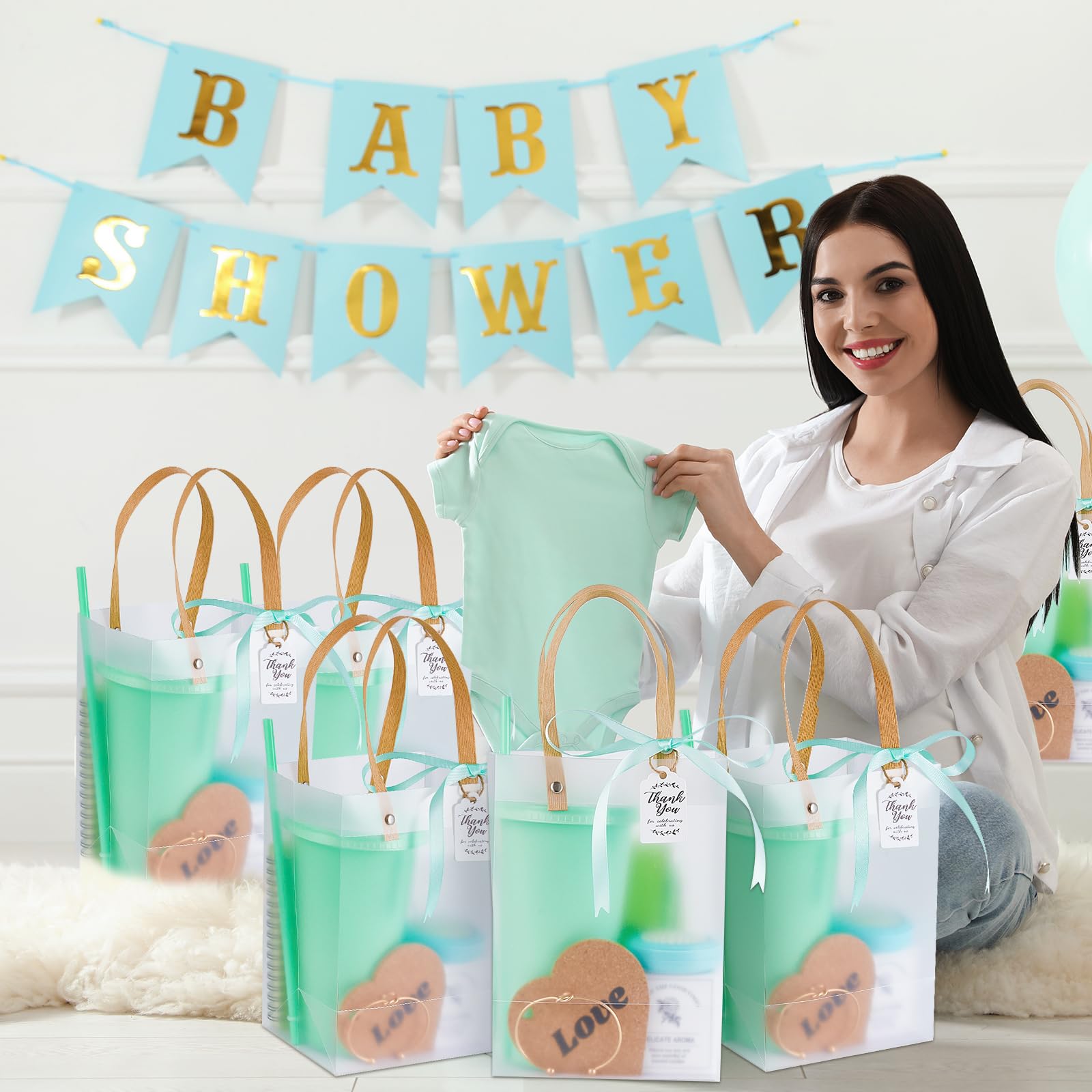 50 premios para baby shower para ganadores del juego, regalos para baby shower, incluyendo vaso de plástico, cuaderno, velas perfumadas, bolígrafo, espejos con cepillos para el pelo, pulsera, bolsa de