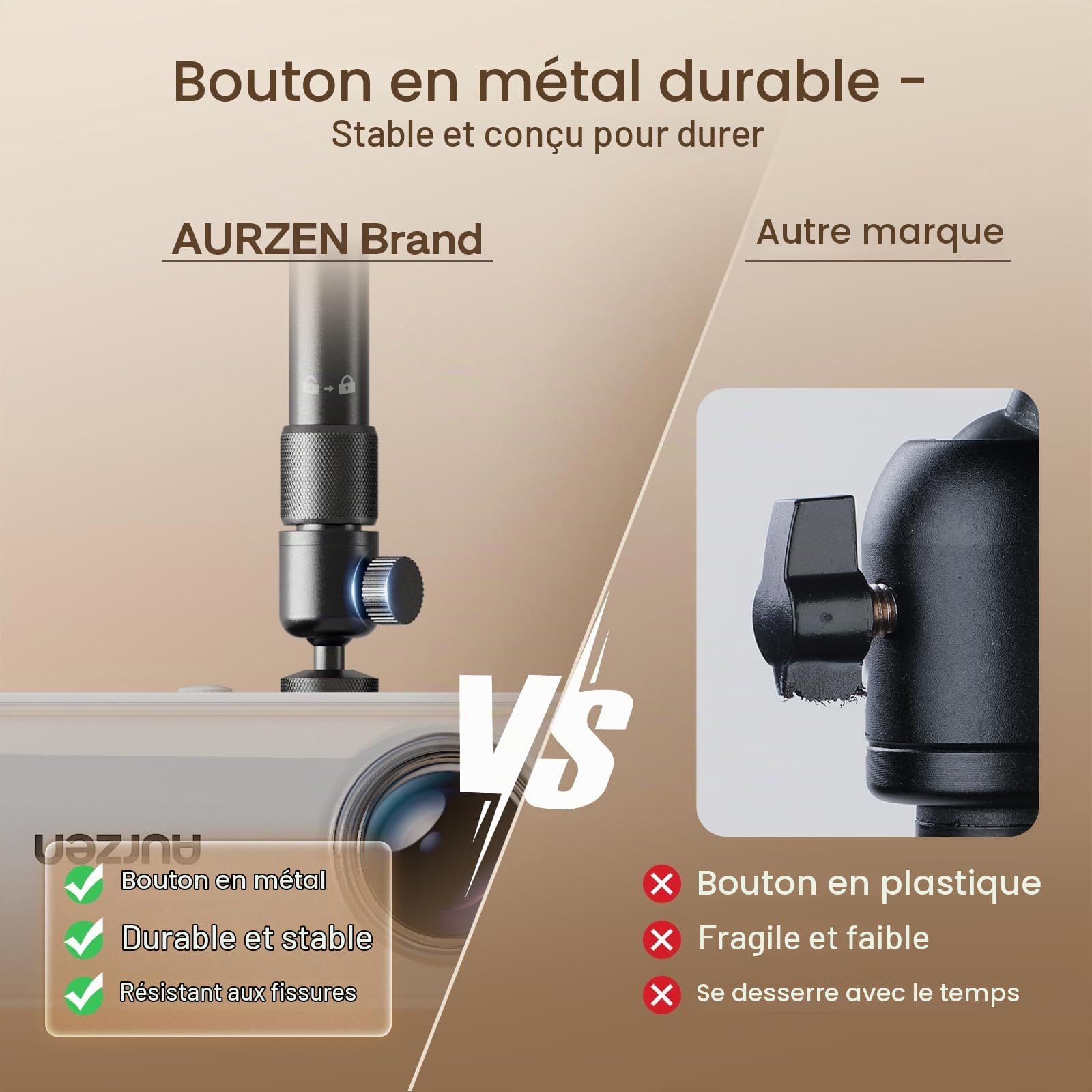 Aurzen Support Plafond pour projecteur, Rotatif à 360° et inclinable à 90° | Réglable de 9 à 15", vis 6,35 mm, compatible avec la plupart des projecteurs, dont Aurzen, Epson et Yaber.