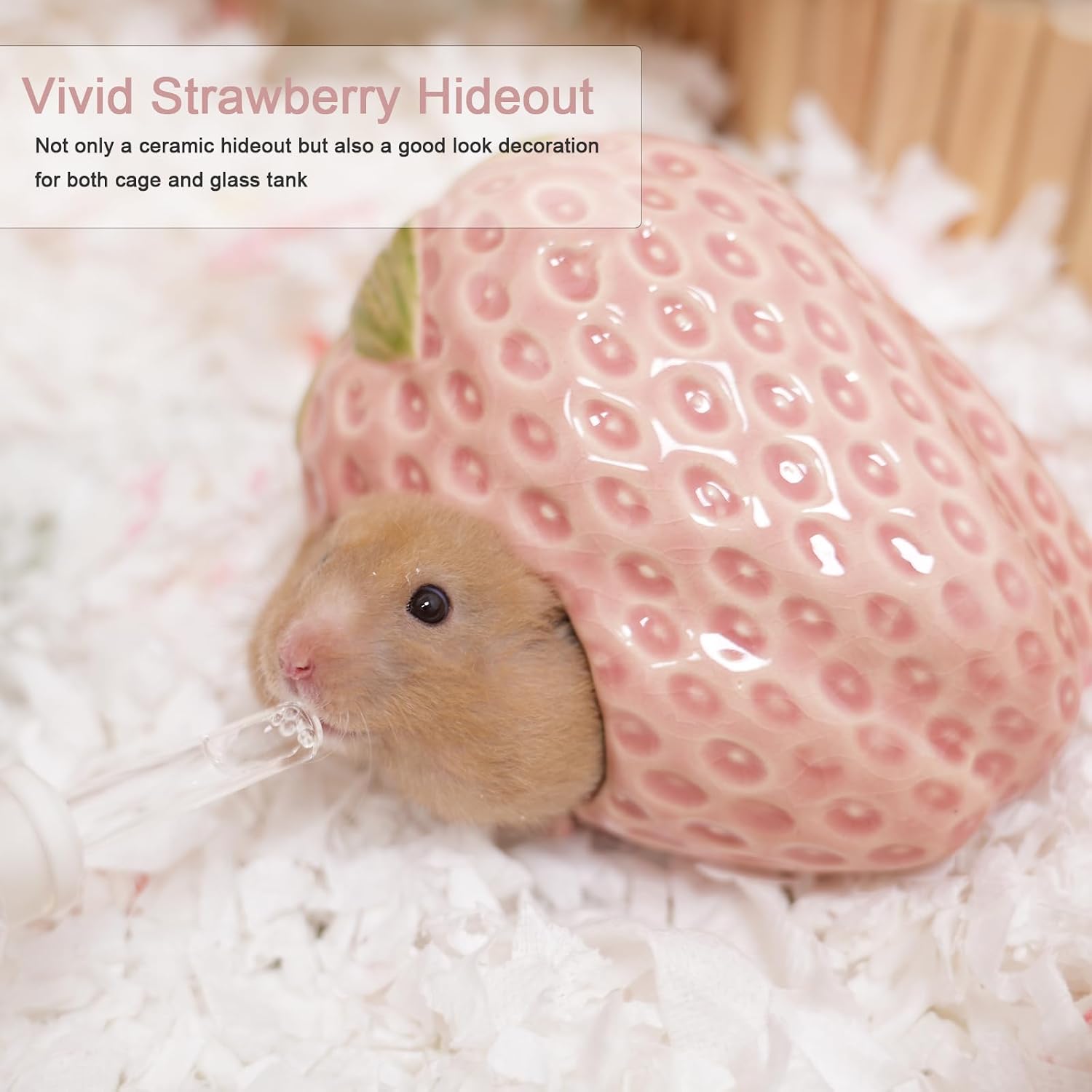 Ceramic Hamster Hideout Strawberry Chew Proof Syrian Hide Cool Bed | Easy to Clean Durable Ceramic Guinea Pig House, Good Hiding Hut Cave for Gerbil, Mice, Rat All Season，Cute Pink Habitat Decor