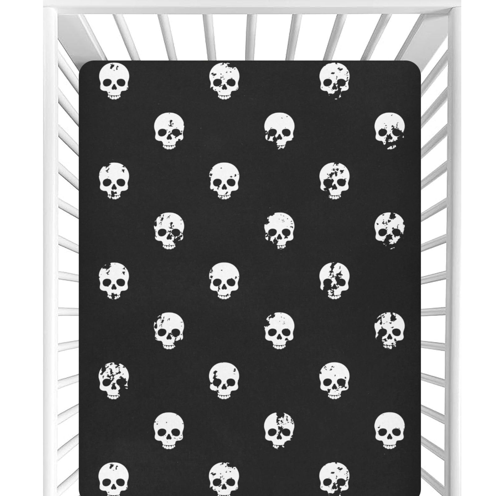 CaTaKu Crib Sheets for Girls Boys Skull Heads Black Baby Sheets for Crib,Neutral Toddler Mini Crib Mattress Sheets Fitted for Nursery Bed 27"x 39"