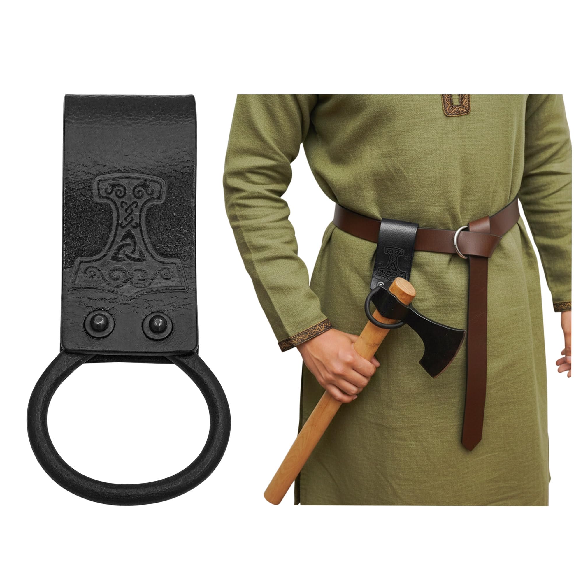 Lord of Battles Medieval Genuine Leather Axe Frog | Axe Holster with Belt Loop | Waist Holder for Axes, Tools (Mjolnir - Black)