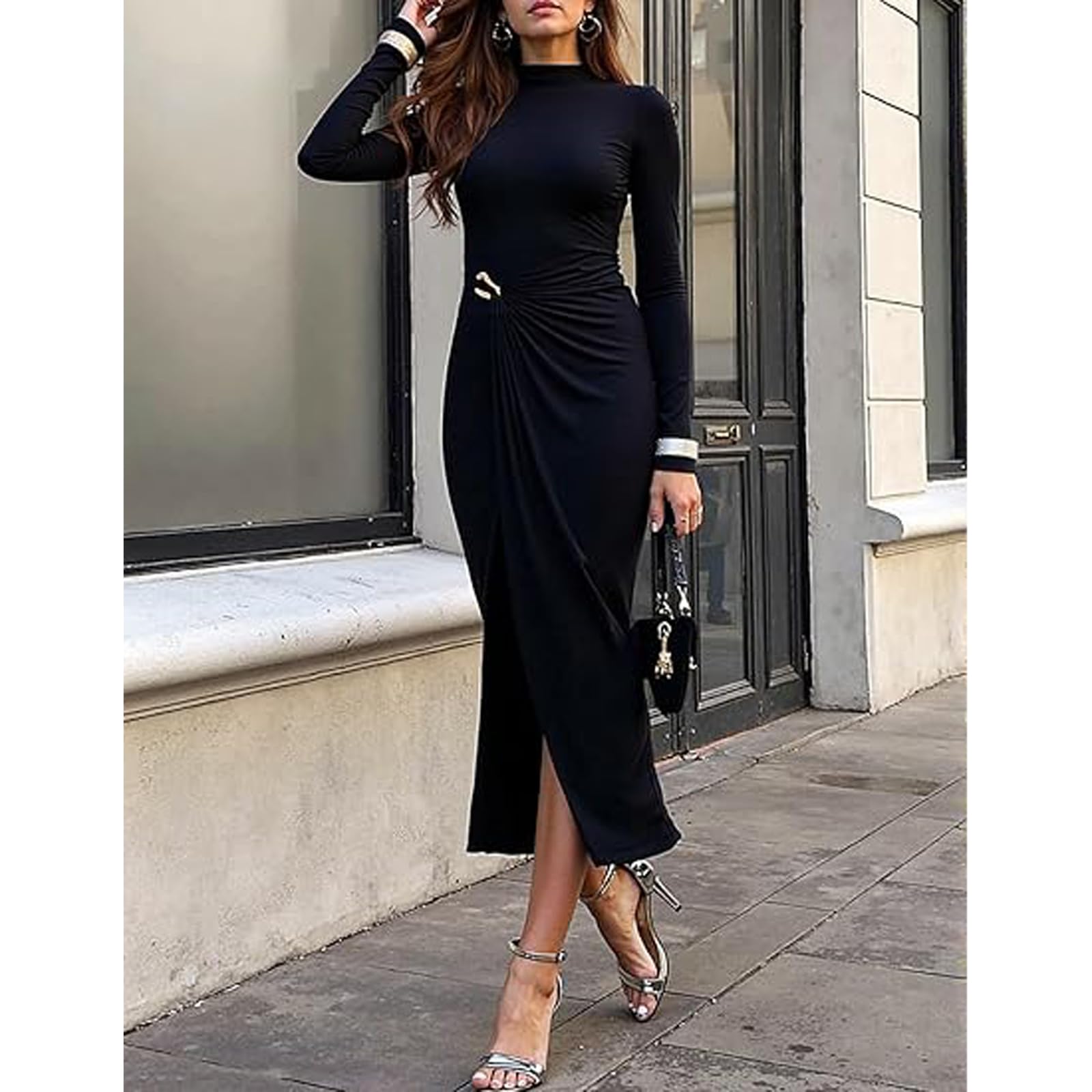 Vestito da Cocktail Donna Sexy Maniche Lunghe Aderente Maxi Abito Elegante Cerimonia Vestiti Lungo Business Abito da Cocktail Formale Lavoro Autunno e Invernale per Sera Partito Festa Matrimonio