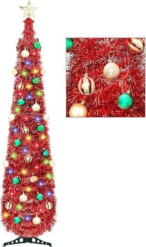 Árbol de Navidad artificial de 5 pies con 100 luces de color, árbol de lápiz artificial brillante con estrella de bola para decoración de Navidad en