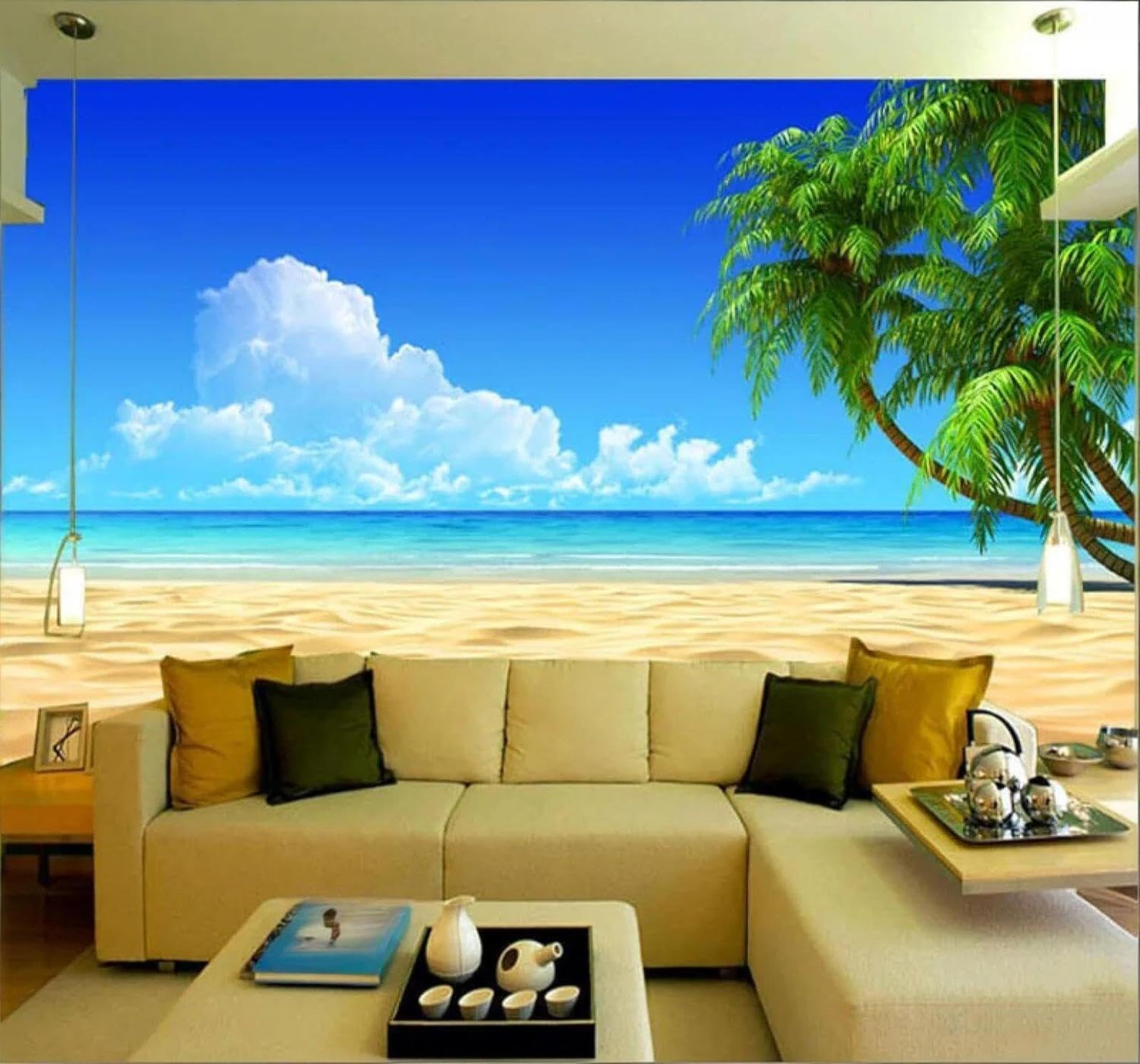 XLMING Fresh Sea Beach Coconut Trees Scenery 3D Wallpaper Premium Textured Silk Study Dining Living Room Bedroom Sofa TV Wall Easy Install-350cm×256cm