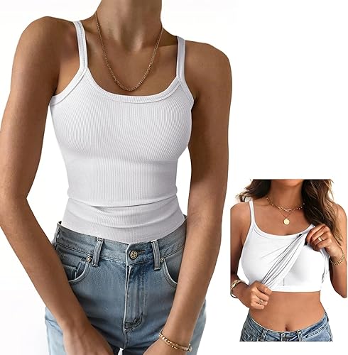 Women Built in Bra Tank Top Form Fitting Scoop Neck Ribbed Basic Padded Cami Shirts
