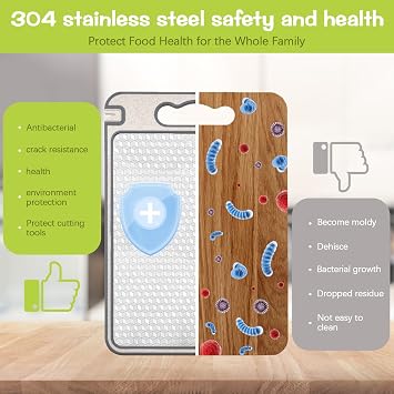 Cutting Board for Kitchen Double Sided 304 Stainless Steel, can Separately Handle Meat, Vegetables,Built-in Professional Anti Slip Bottom and Raised Edge, in case of Juice Leakage During Placement