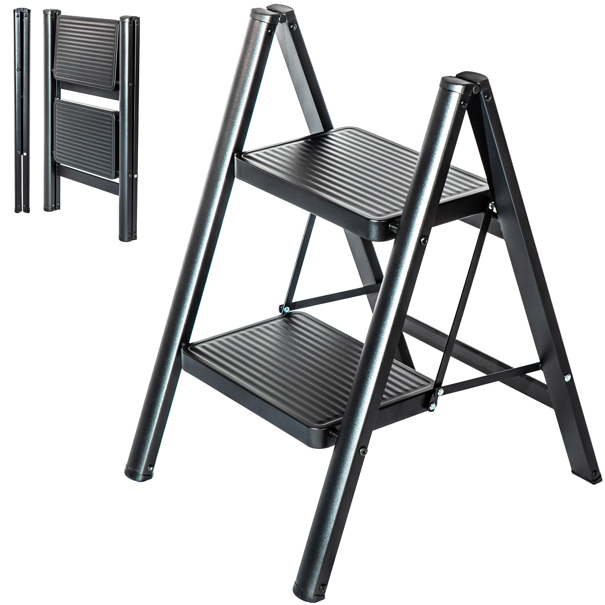 HOSTRÖM Escalera 2 peldaños FOLDPACT2, Taburete Plegable, Diseño ultracompacto, Peldaños Anchos 17,5 cm, Acero, Estante Temporal, Garantía 5 años.