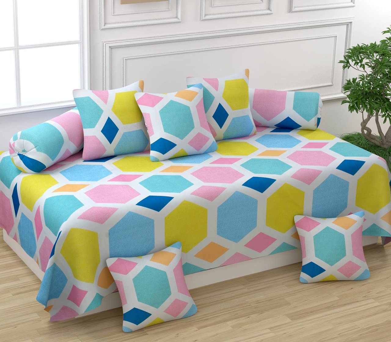 Microfiber Fabric 8 Pcs Diwan Blend Set Covers 1 Bedsheet 5 Cushion Covers 2 Bolster Covers (Aqua S)-image-18