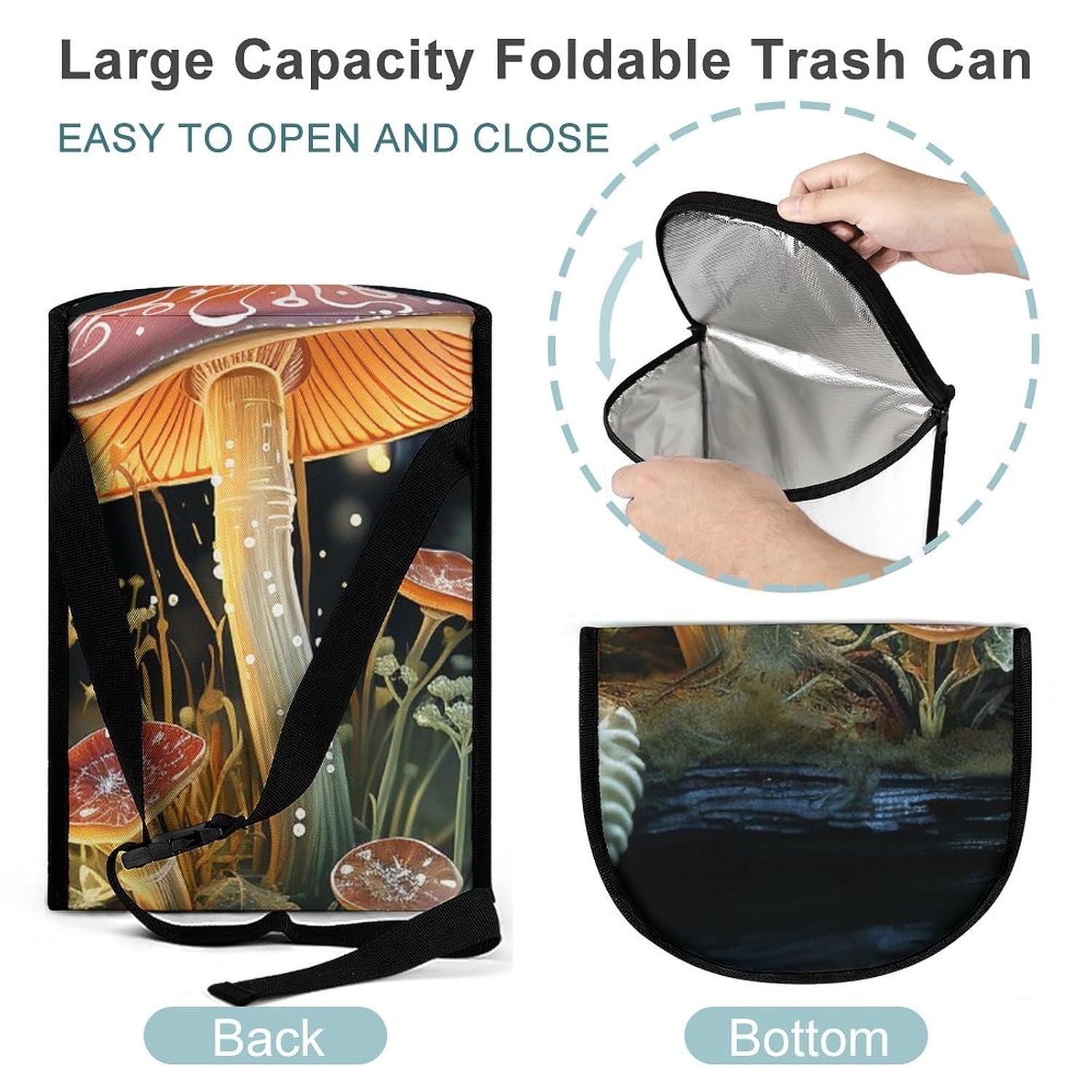Car Garbage Storage Bag Butterfly Mushroom Printed Hanging Vehicle Trash Bin Car Trash Can with Zipper Lid Portable Garbage Storage Bags for Truck Van and SUV