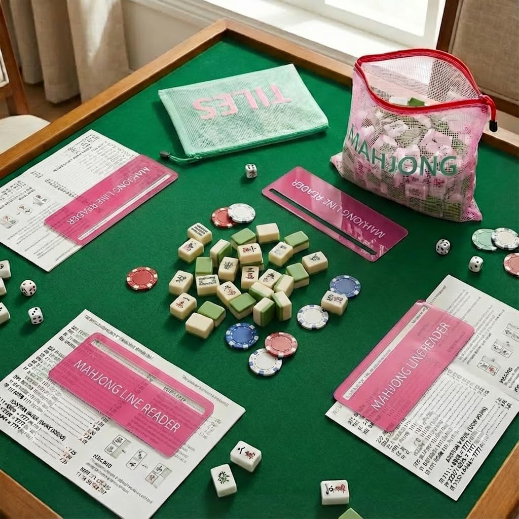 2pcs Mahjong Tile Bag Empty with 4pcs Mahjong Line Finder Card,Asix Toy,Strategy Tool for Beginners,Storage Bag with Zipper,Line Reader,Mahjong Accessories Set and Gift for Women Men Travel,Parties