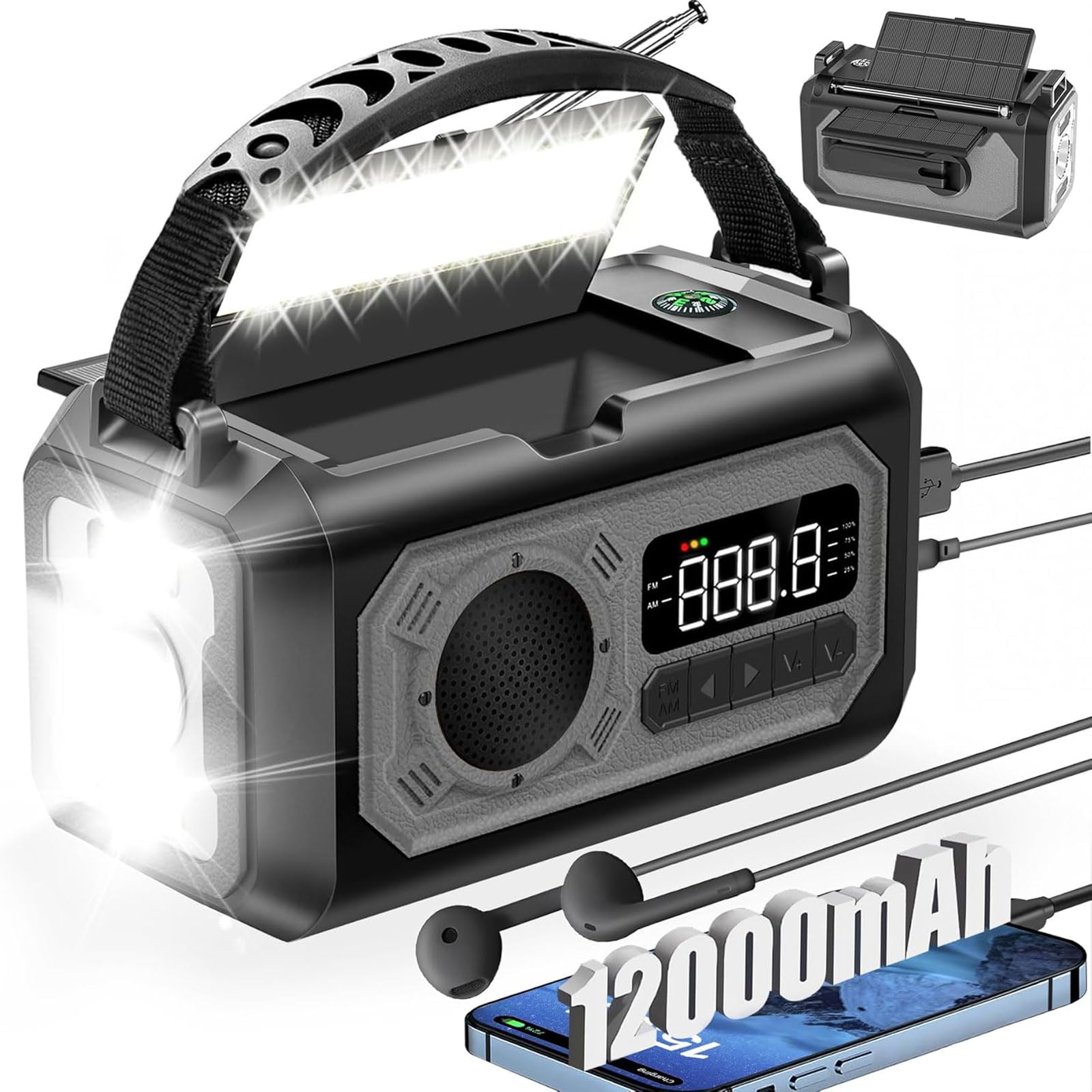 Wholede 12000mAh Radio Manivela, Am/FM Radio Portátil de Emergencia con Cargador para Móvil Radios Solar Kit de Emergencia Dinamo con Linterna SOS Alarma para Camping, Ourdoor