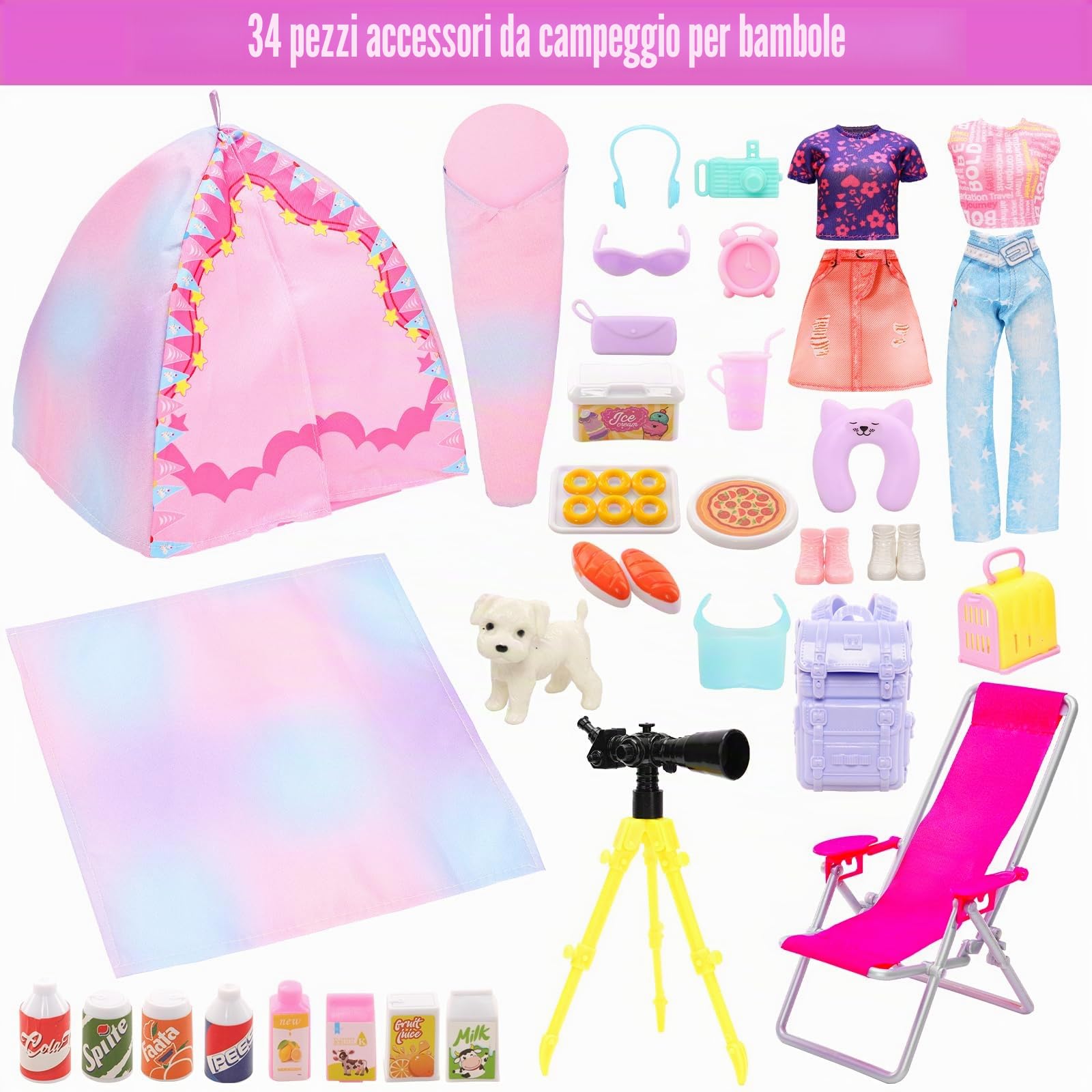 Miunana Set da gioco da campeggio con tenda, abbigliamento per bambole, sacco a pelo, zaino da trekking, vestiti, accessori per animali, attrezzature per esterni, binocolo per bambole da 11,5 pollici,