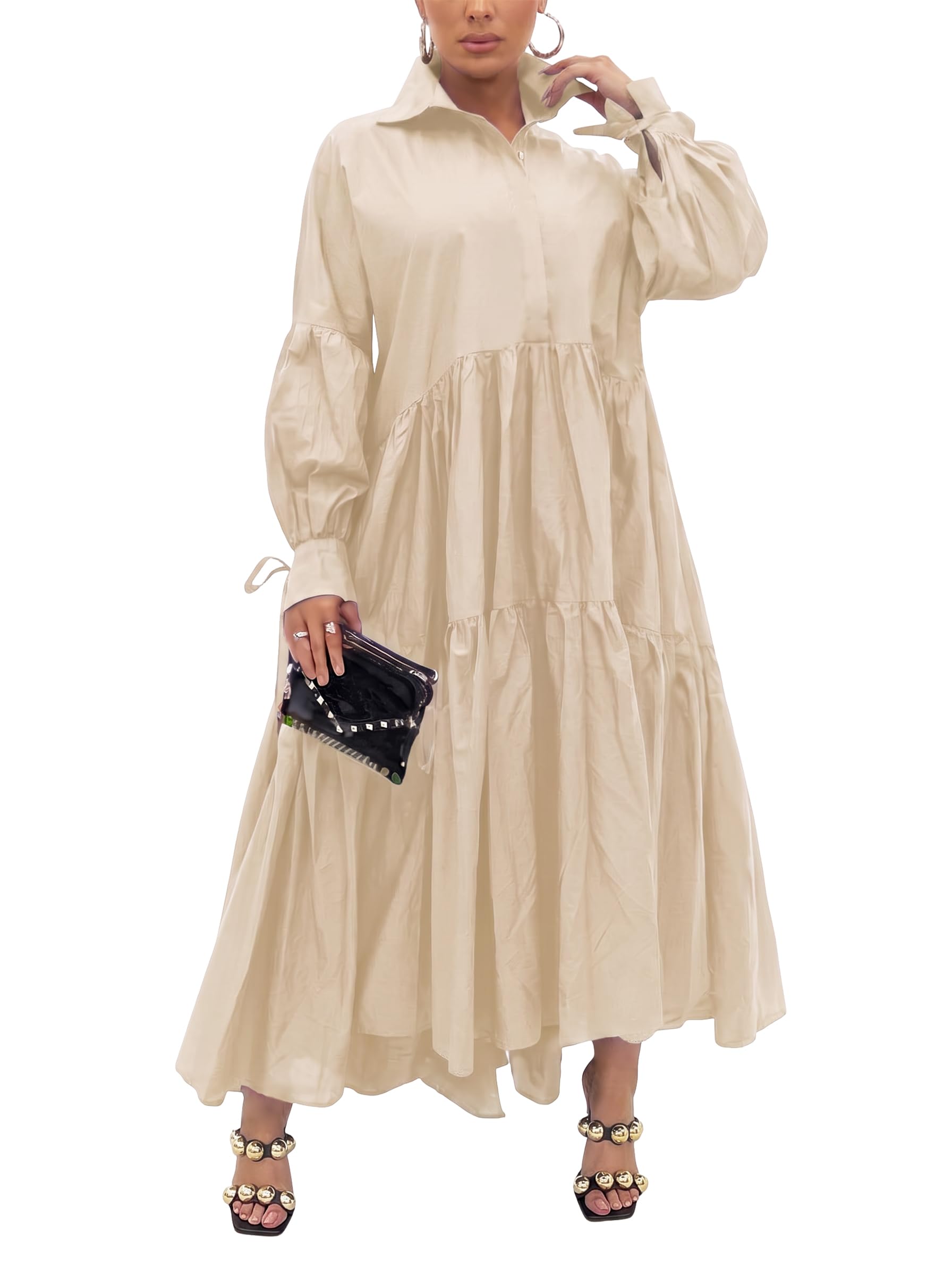 Ekaliy Shirt Dress for Women Casual Long Sleeve Collared Maxi Dress