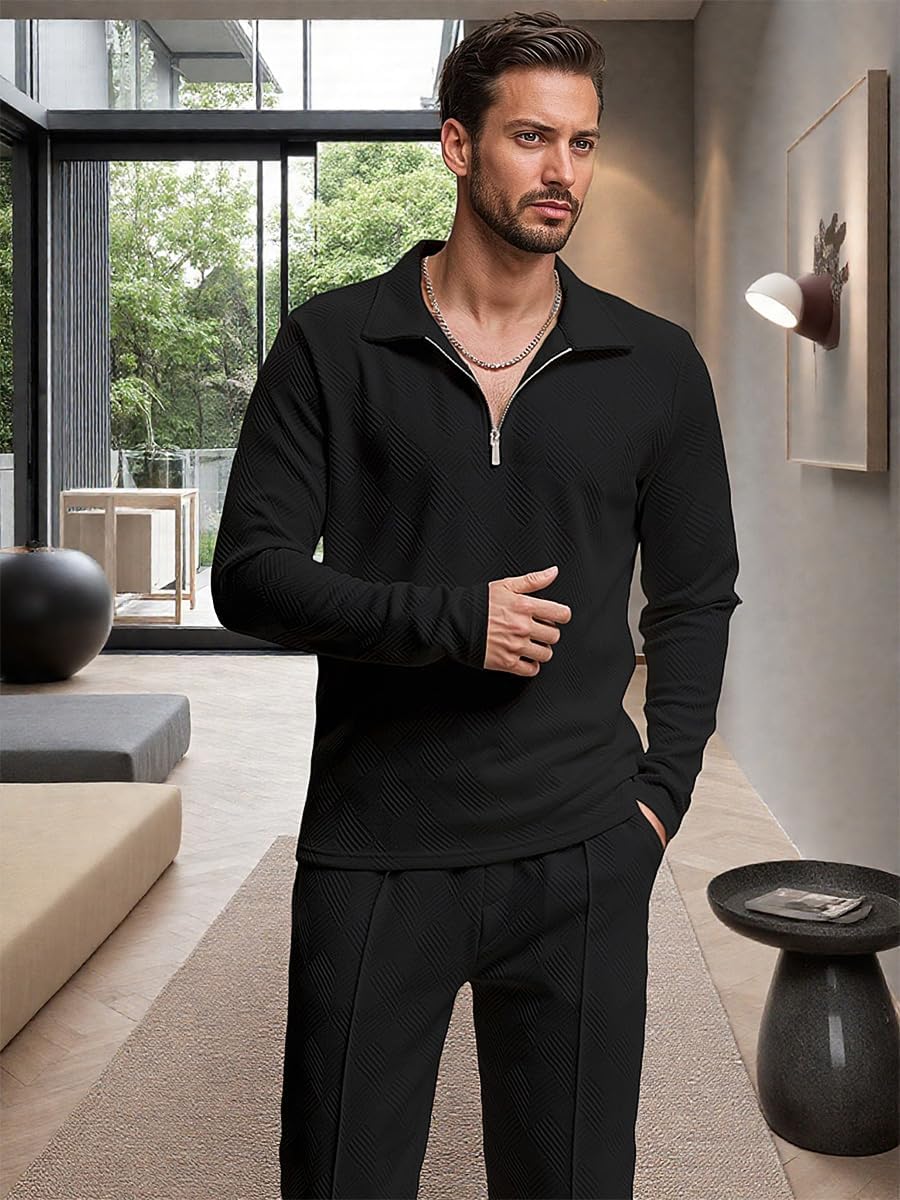 Men's Modern 2-Piece Tracksuit Set,Long Sleeve Polo Shirt & Jogger Pants, Casual Loungewear Sweatsuit Men