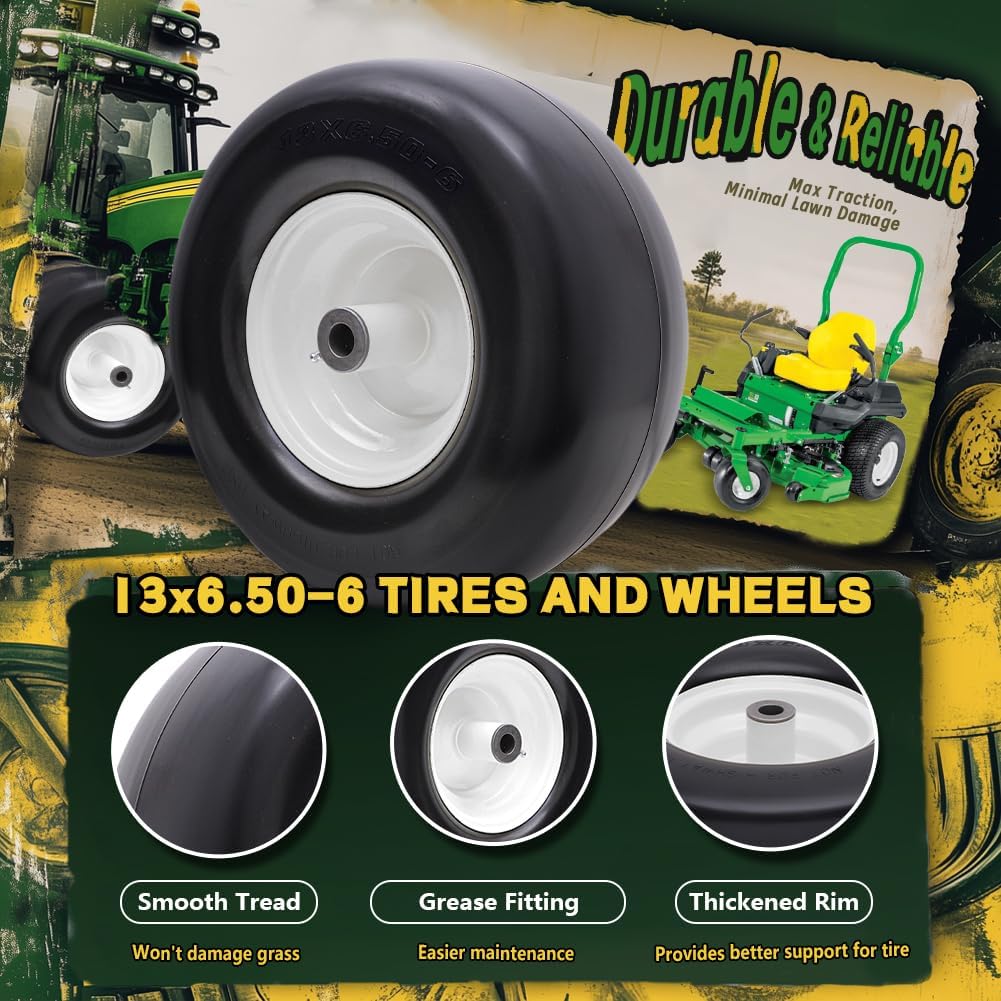 13x6.50-6 Flat Free Tire and Wheel with Rim,Universal 13x6.5-6 Solid Smooth Rubber Zero-Turn Lawn mowers Tire,5.5"-7.72”Centered Hub and 3/4" extra 5/8" 1/2” Bushings(White)