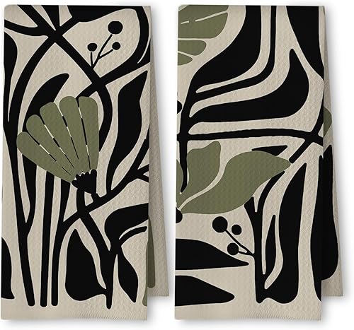 Juego de 2 toallas de cocina abstractas de color verde salvia oscuro y negro, estilo bohemio, diseño botánico de los años 70, para decoración de