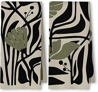 Abstract Dark sage Green and Black Boho Floral Kitchen Towels Set of 2, 70s Retro Groovy Botanical Dish Tea Towels for Kitchen Bathroom Decor, Mid Century Modern Hand Towels, 16x24 Inch
