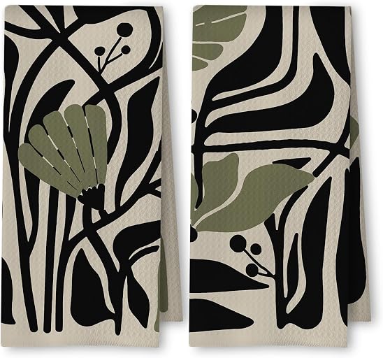Abstract Dark sage Green and Black Boho Floral Kitchen Towels Set of 2, 70s Retro Groovy Botanical Dish Tea Towels for Kitchen Bathroom Decor, Mid Century Modern Hand Towels, 16x24 Inch