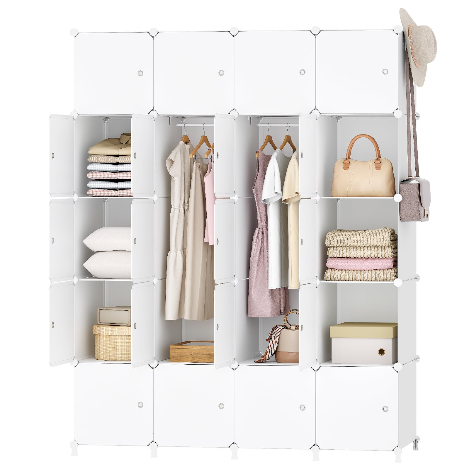 HOOBRO Armoire Penderie Modulable, 20 Cubes, Armoire Chambre Portable, Armoire de Rangement avec Portes et tringles, 2 patères, pour Vêtements, Chaussures, Jouets, Blanc EWT45LY01N1