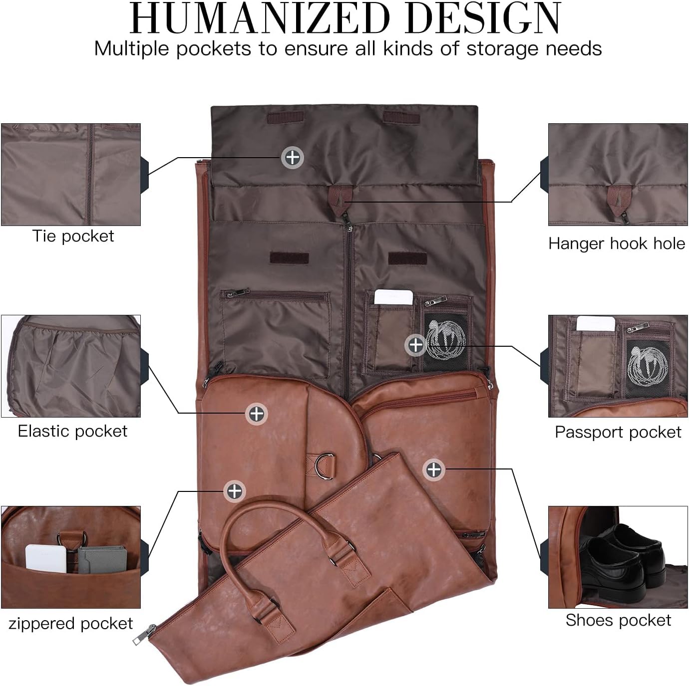 Bayne Convertible Large Size Garment Duffel Bag for Travel, Carry on Garment Duffel Bag for Men and Women - 2 in 1 Hanging Suitcase Suit Travel Bag (Faux Leather, Brown) 2